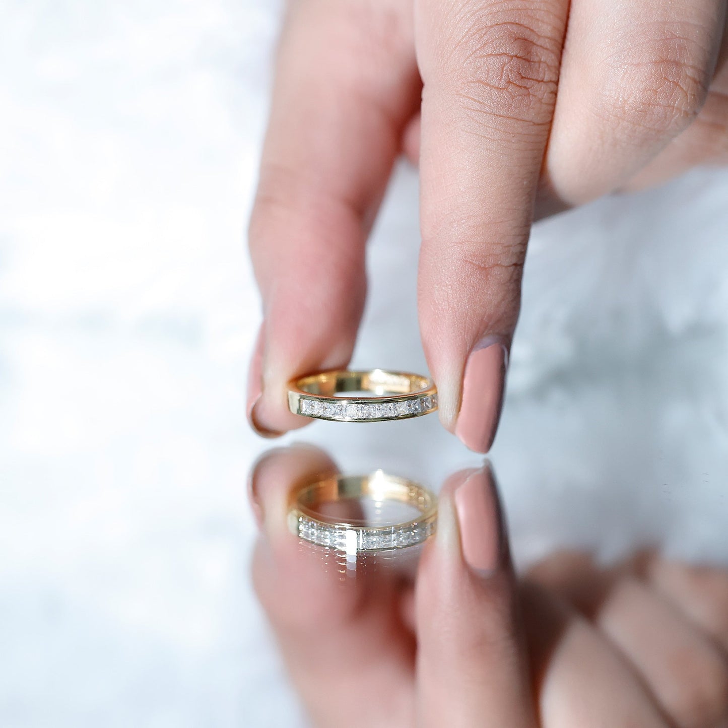 Princess Cut Moissanite Half Eternity Band Ring in Channel Setting