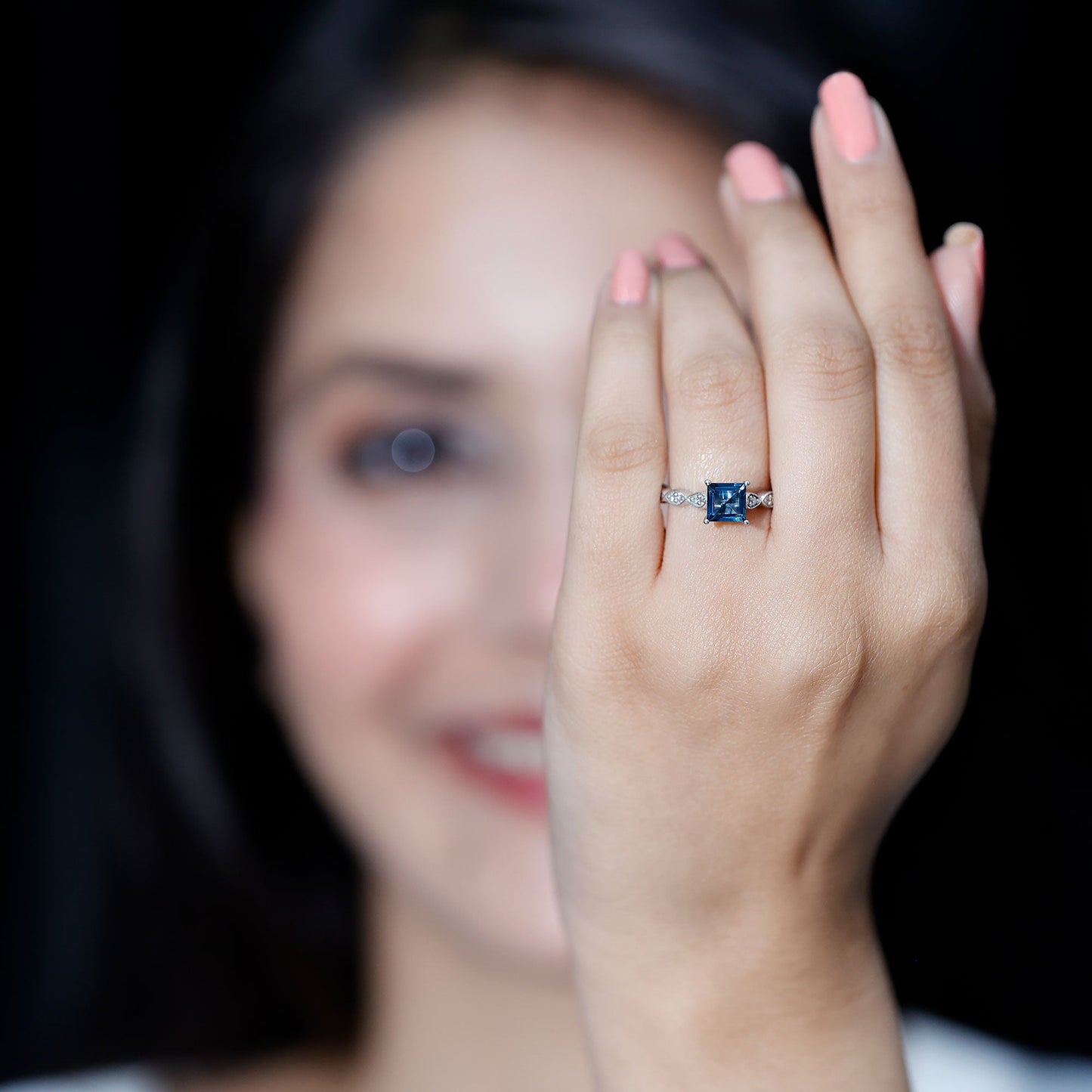 1 Carat Princess Cut London Blue Topaz Solitaire Ring with Diamond