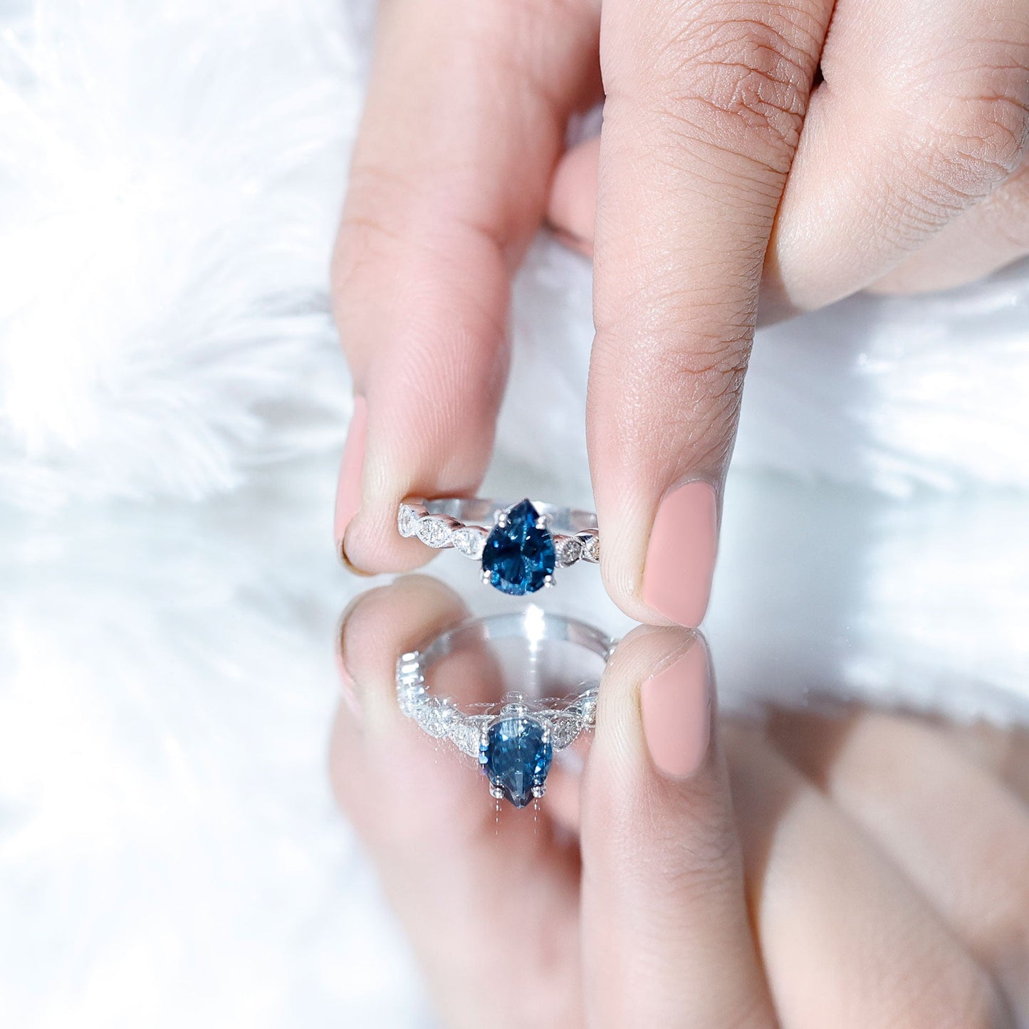 1 Carat Pear Shaped London Blue Topaz Teardrop Engagement Ring with Diamond