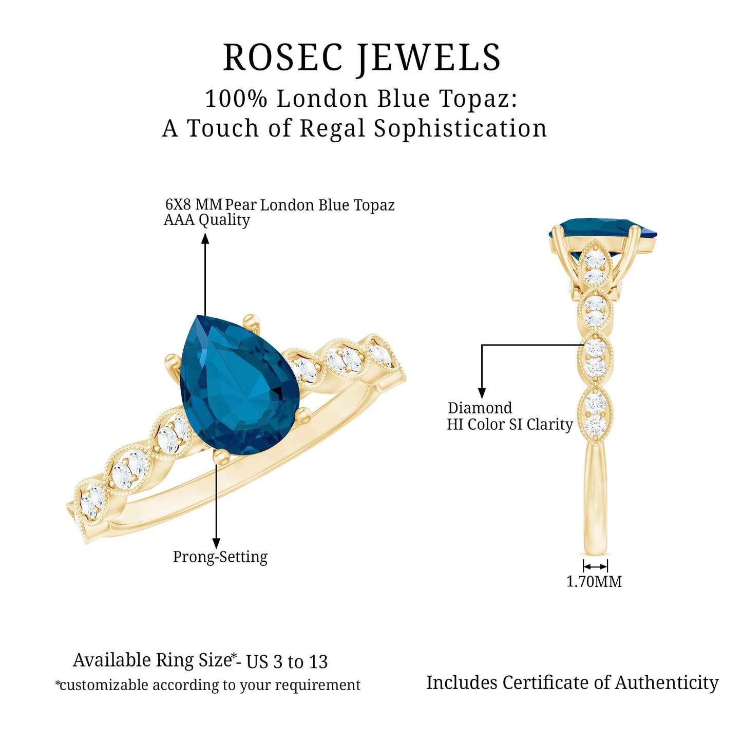1 Carat Pear Shaped London Blue Topaz Teardrop Engagement Ring with Diamond