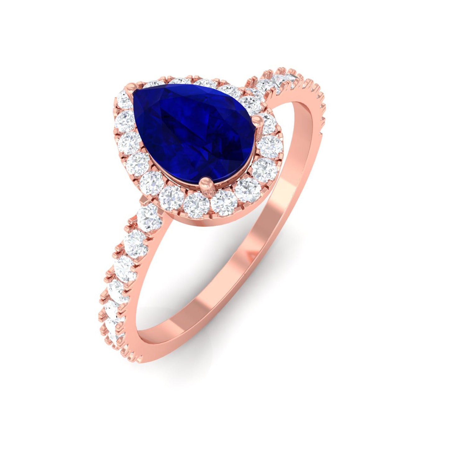 Natural Blue Sapphire and Diamond Teardrop Halo Engagement Ring