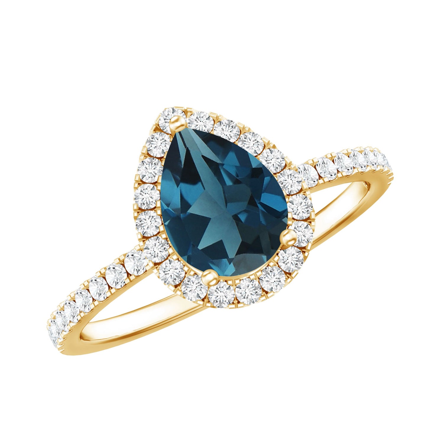 0.7 Carat Pear Shape London Blue Topaz Teardrop Engagement Ring with Diamond Halo