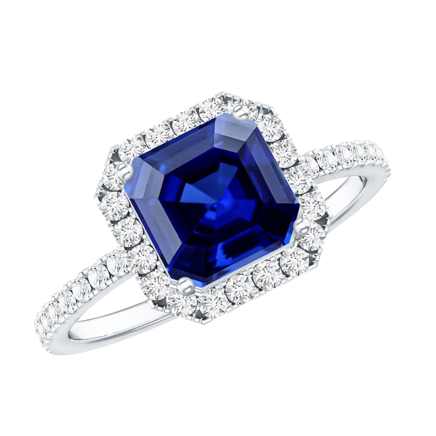 Certified 4.8 Carat Lab Grown Blue Sapphire Asscher Cut Engagement Ring with Diamond Halo