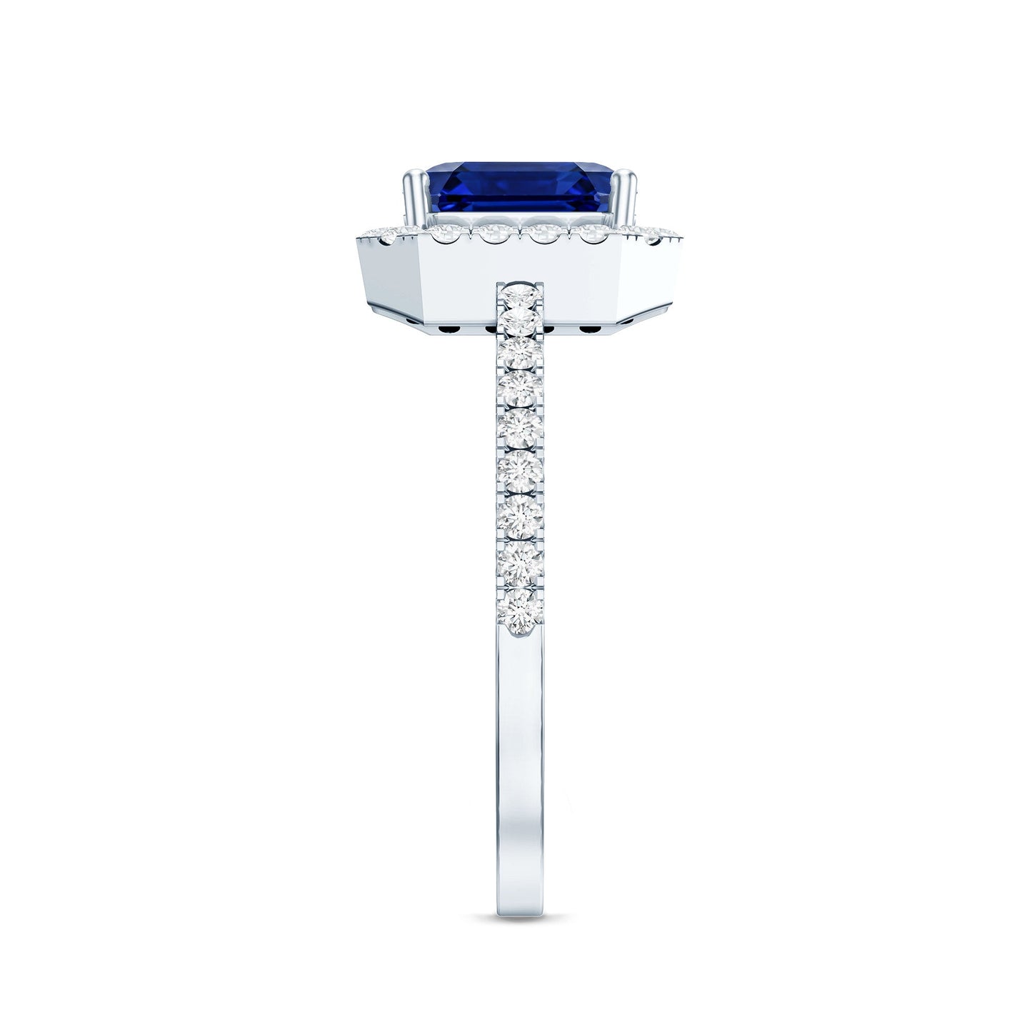 Certified 4.8 Carat Lab Grown Blue Sapphire Asscher Cut Engagement Ring with Diamond Halo