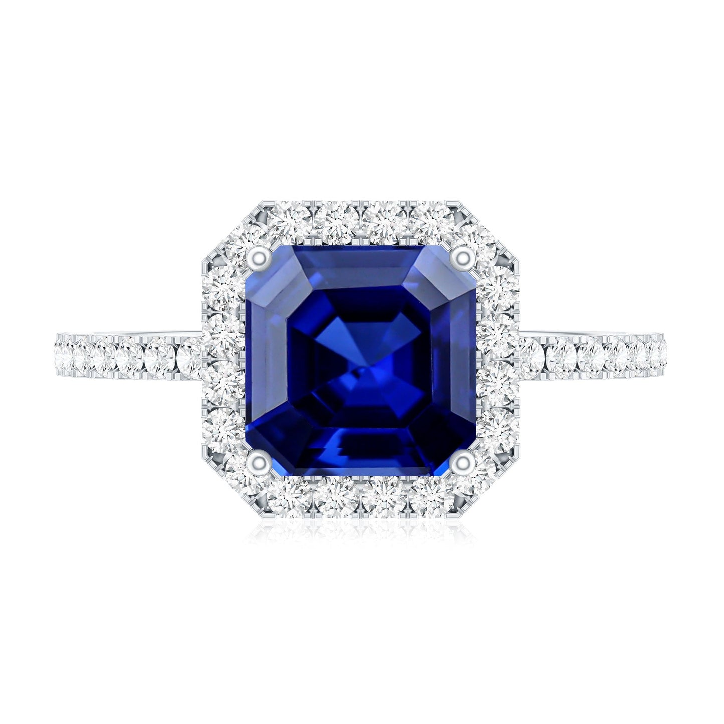 Certified 4.8 Carat Lab Grown Blue Sapphire Asscher Cut Engagement Ring with Diamond Halo