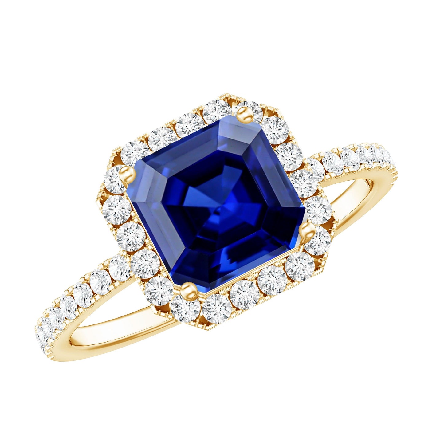 Certified 4.8 Carat Lab Grown Blue Sapphire Asscher Cut Engagement Ring with Diamond Halo