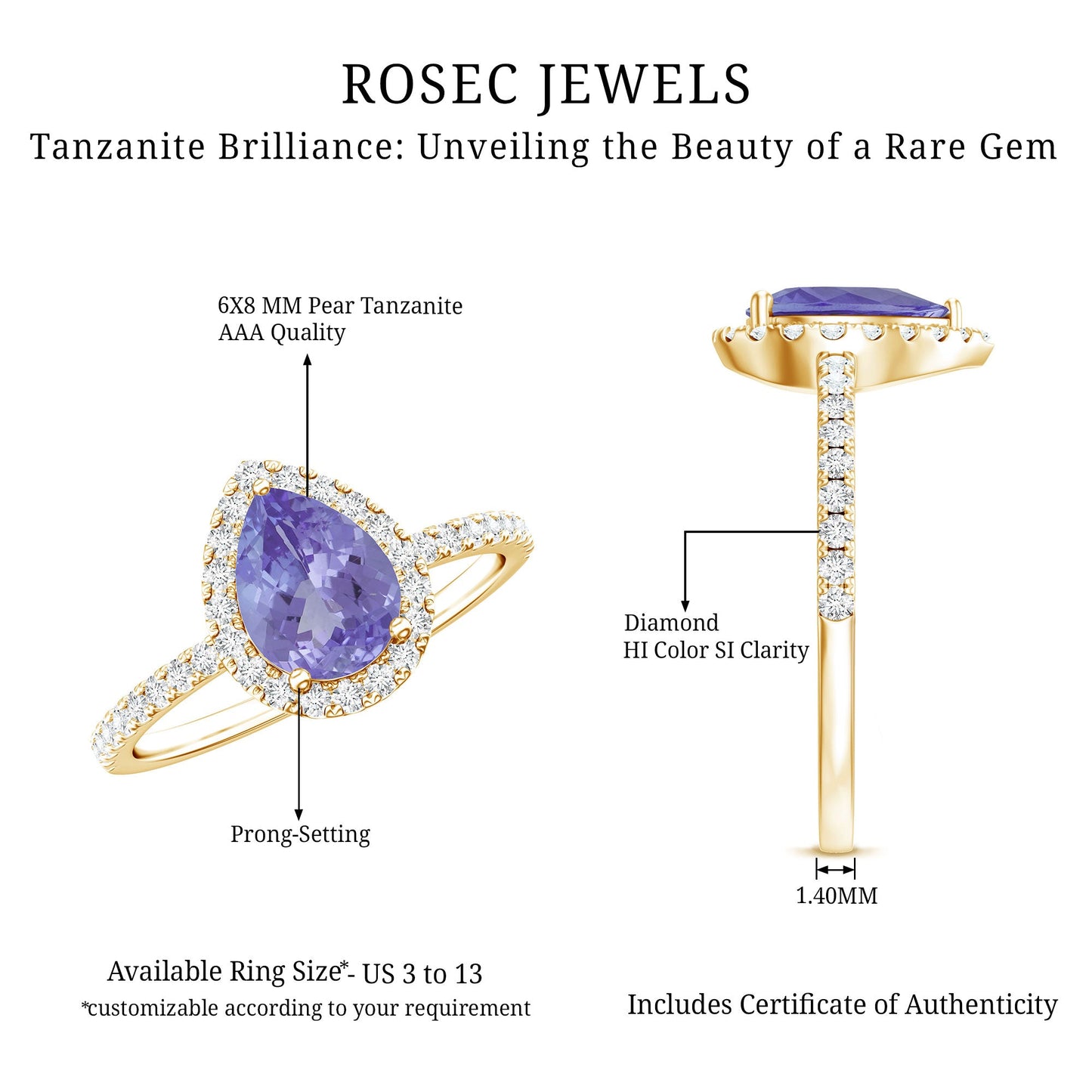1.35 Carat Tanzanite Classic Engagement Ring with Diamond Halo