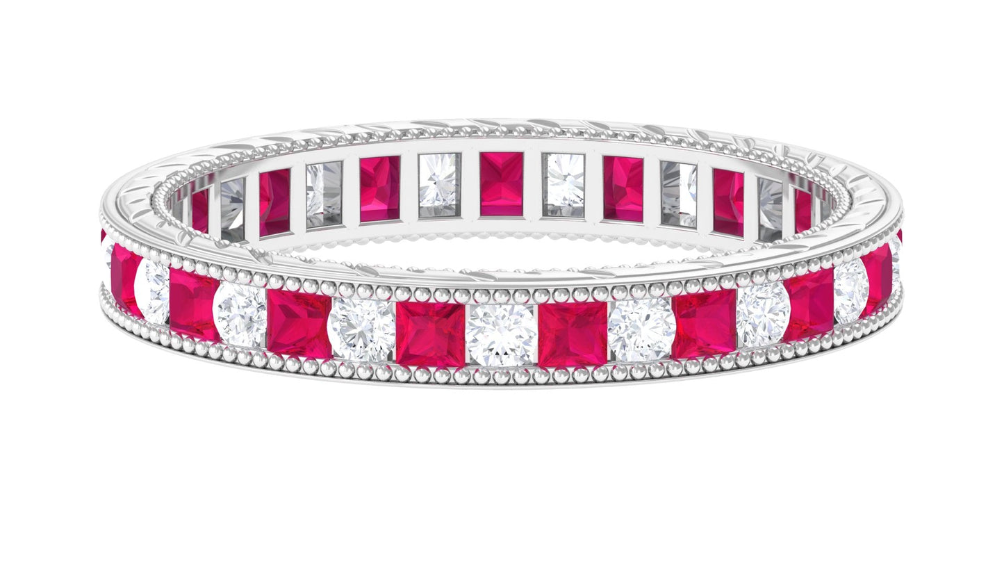 Certified Natural Princess Cut Ruby Eternity Ring with Moissanite