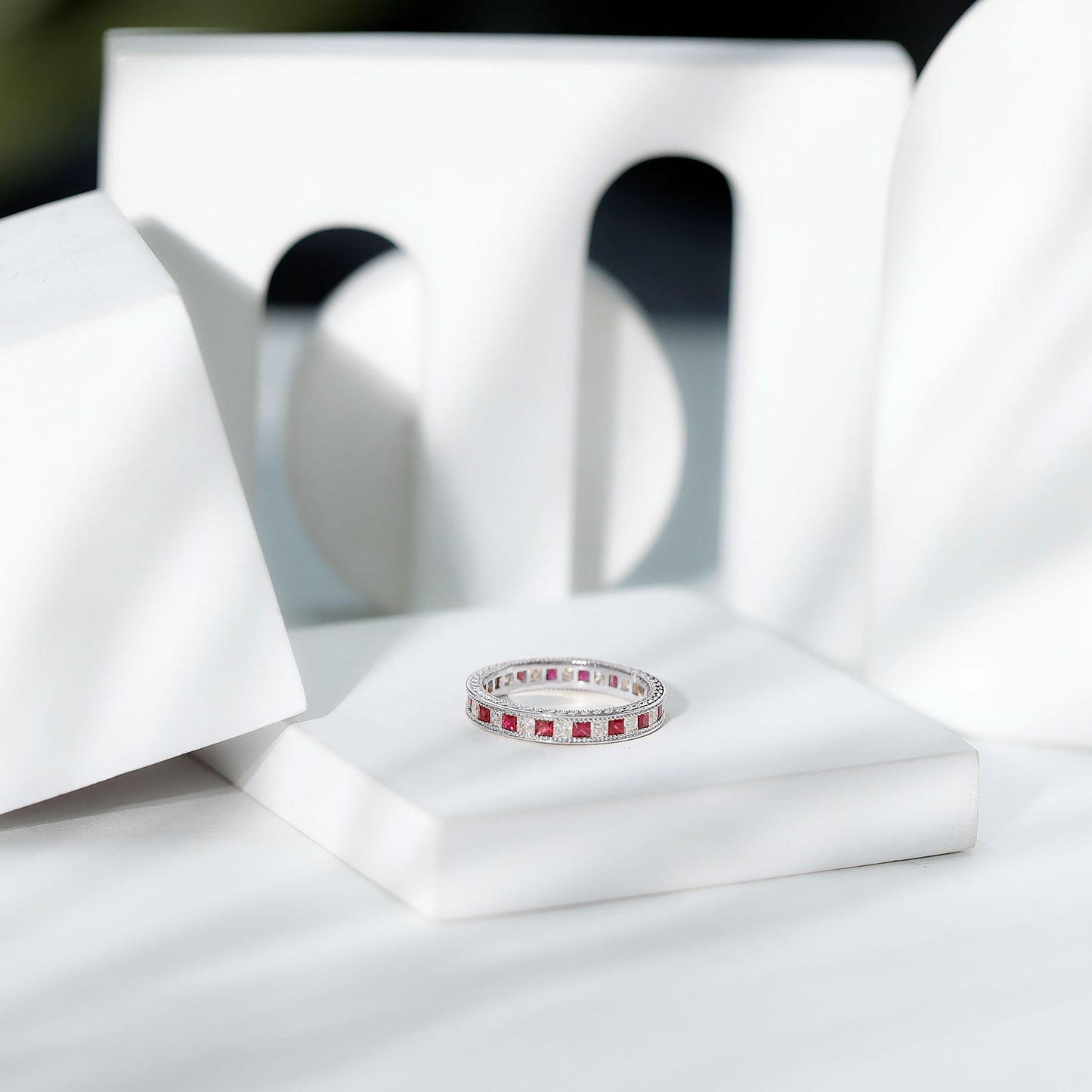 Certified Natural Princess Cut Ruby Eternity Ring with Moissanite