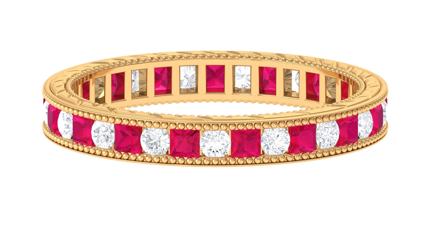 Certified Natural Princess Cut Ruby Eternity Ring with Moissanite