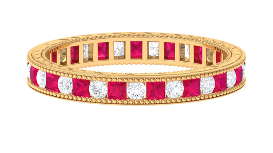 Certified Natural Princess Cut Ruby Eternity Ring with Moissanite