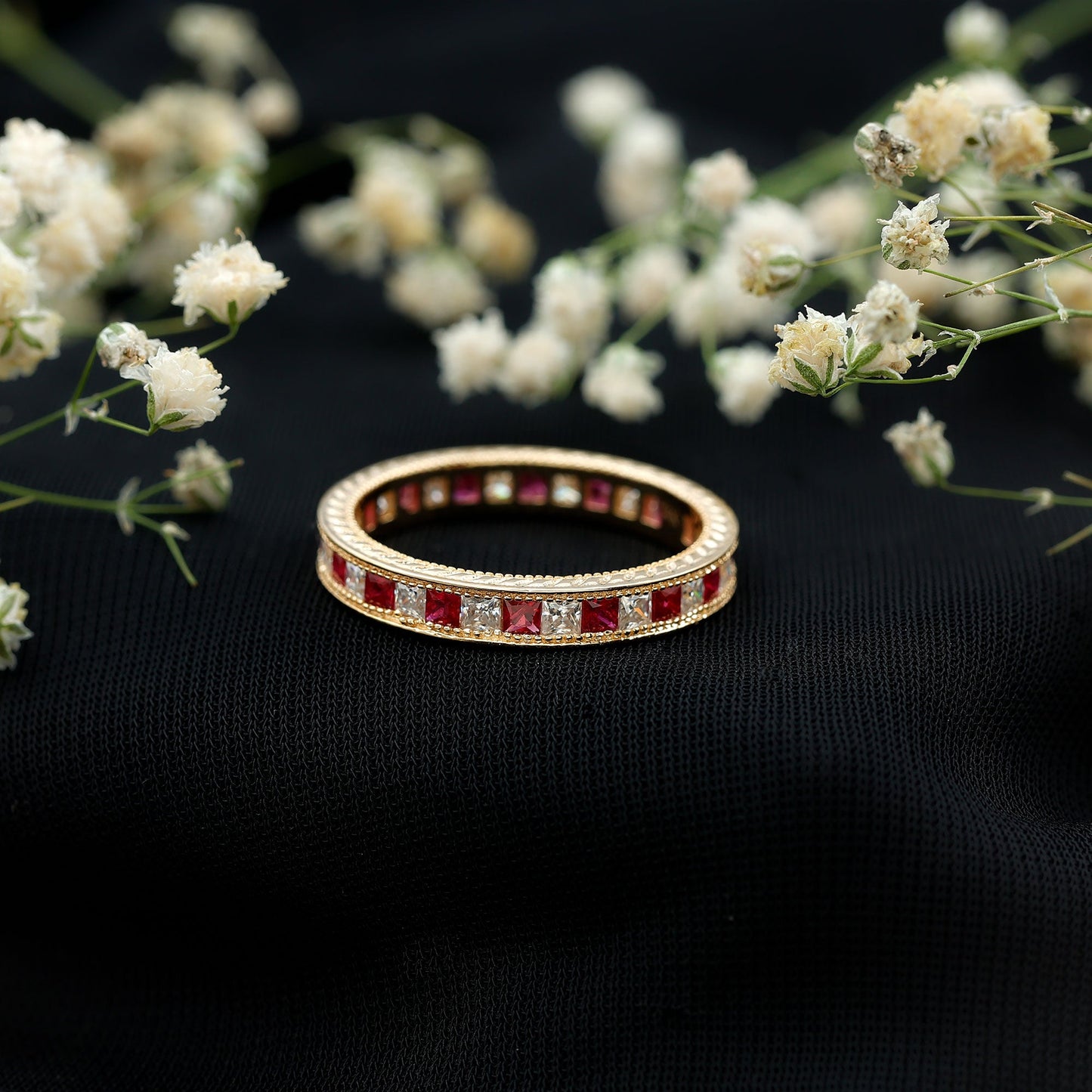 Certified Natural Princess Cut Ruby Eternity Ring with Moissanite