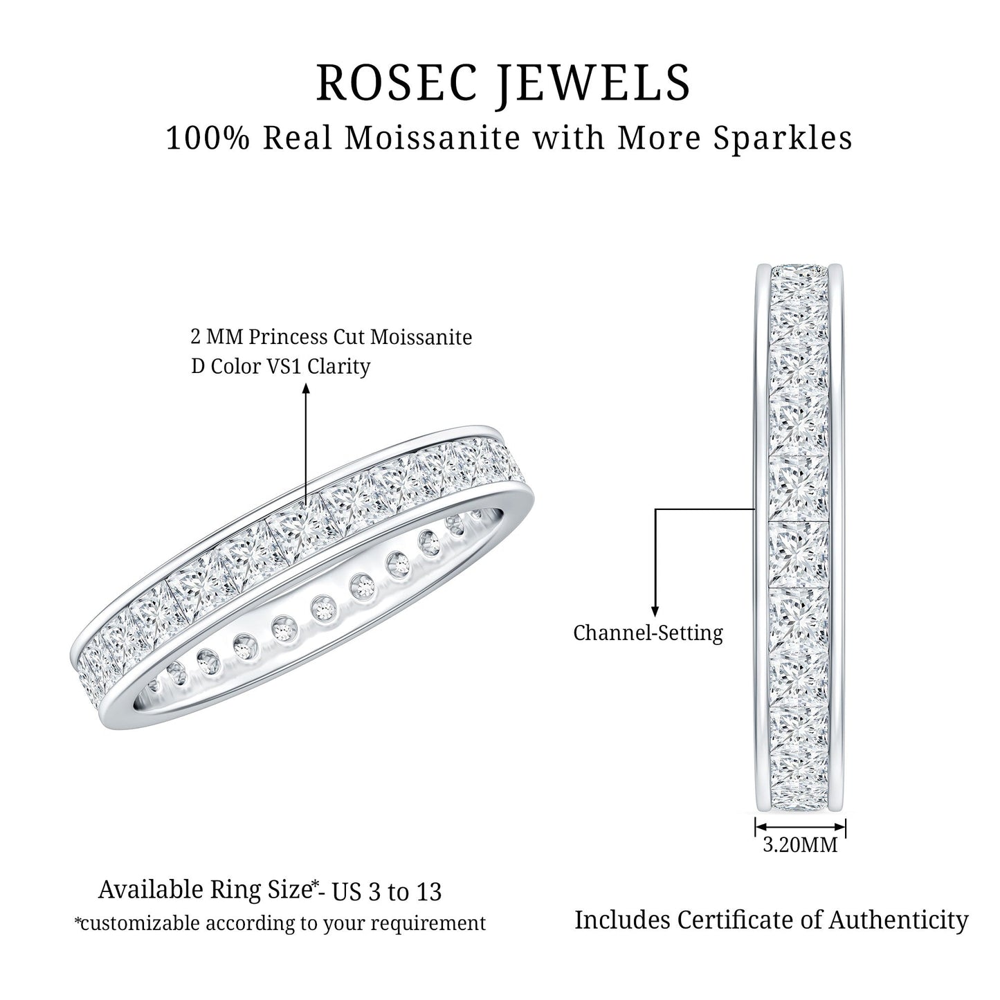 Princess Cut Moissanite Eternity Band Ring in Channel Setting