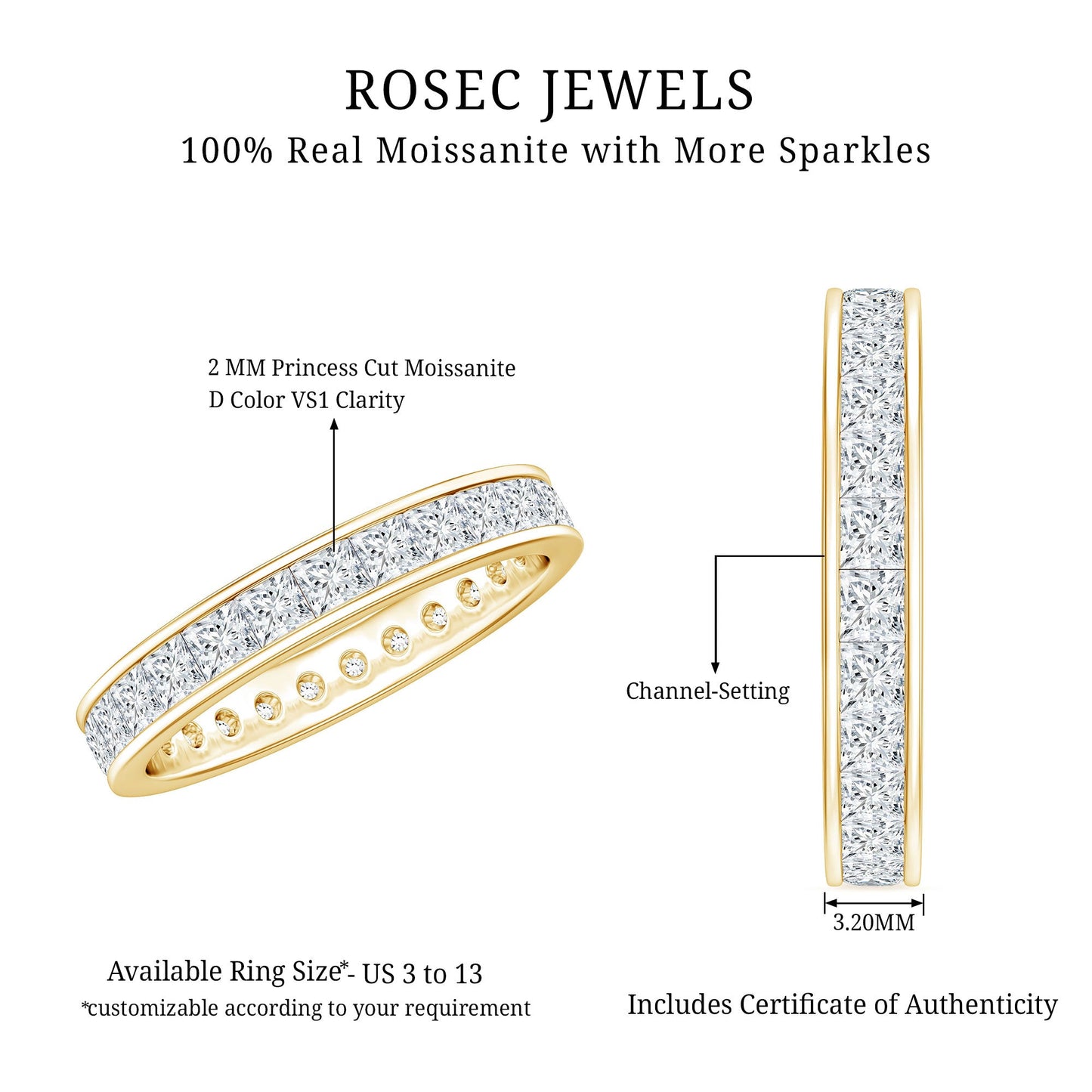 Princess Cut Moissanite Eternity Band Ring in Channel Setting