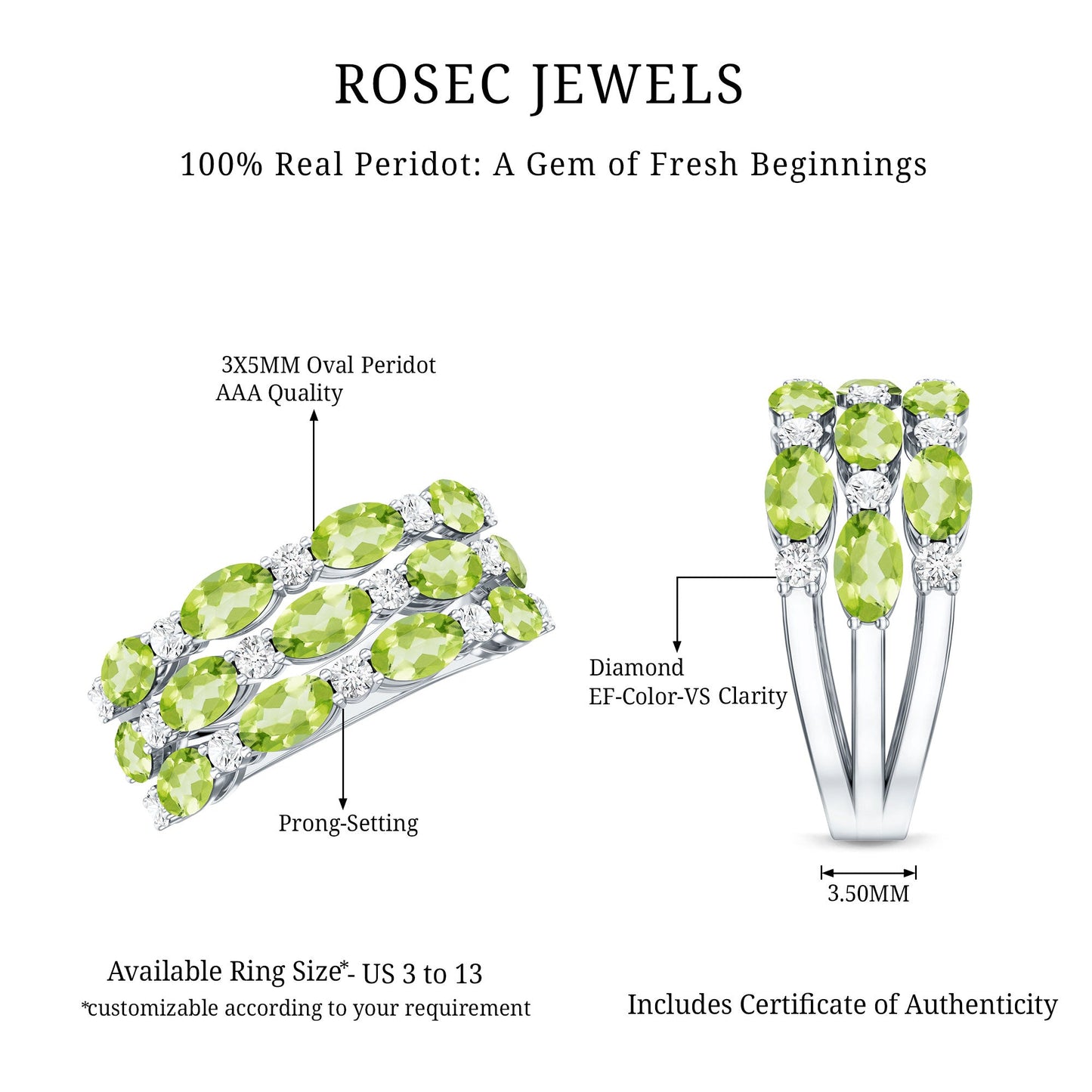Certified Natural Peridot 3 Row Wedding Band with Diamond