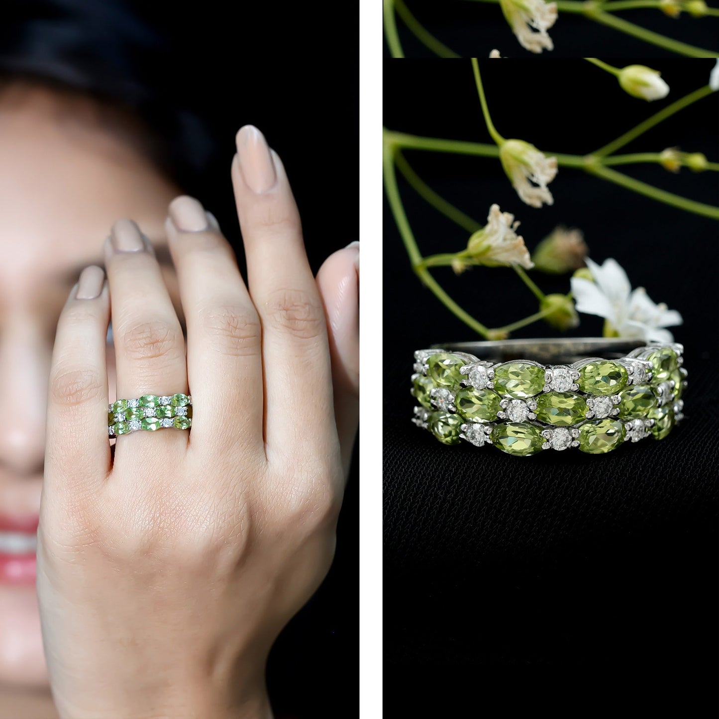 Certified Natural Peridot 3 Row Wedding Band with Diamond