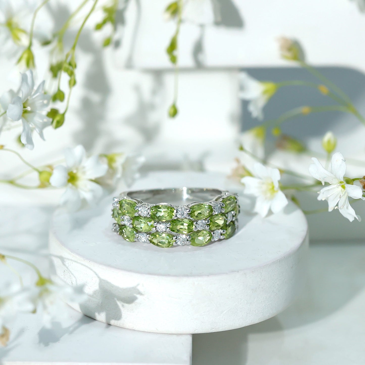 Certified Natural Peridot 3 Row Wedding Band with Diamond