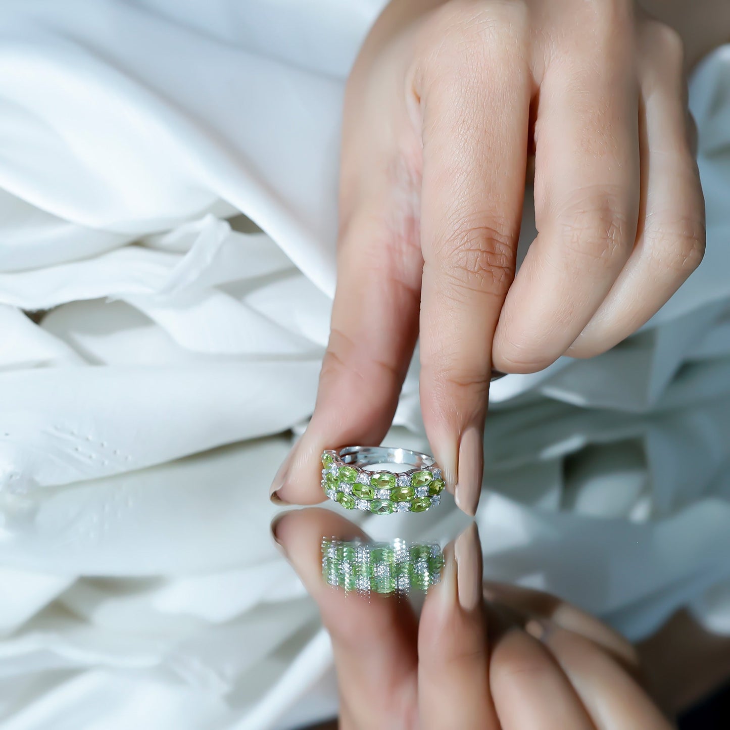 Certified Natural Peridot 3 Row Wedding Band with Diamond