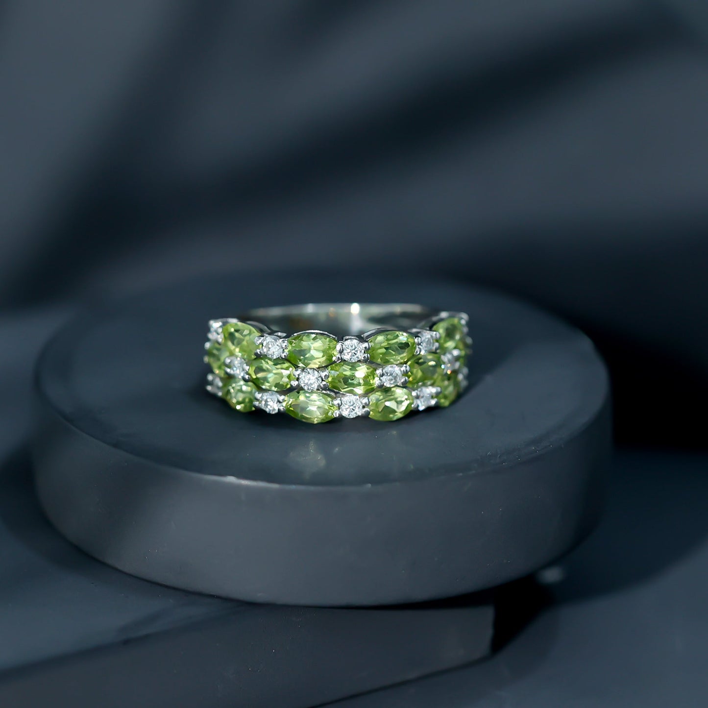 Certified Natural Peridot 3 Row Wedding Band with Diamond