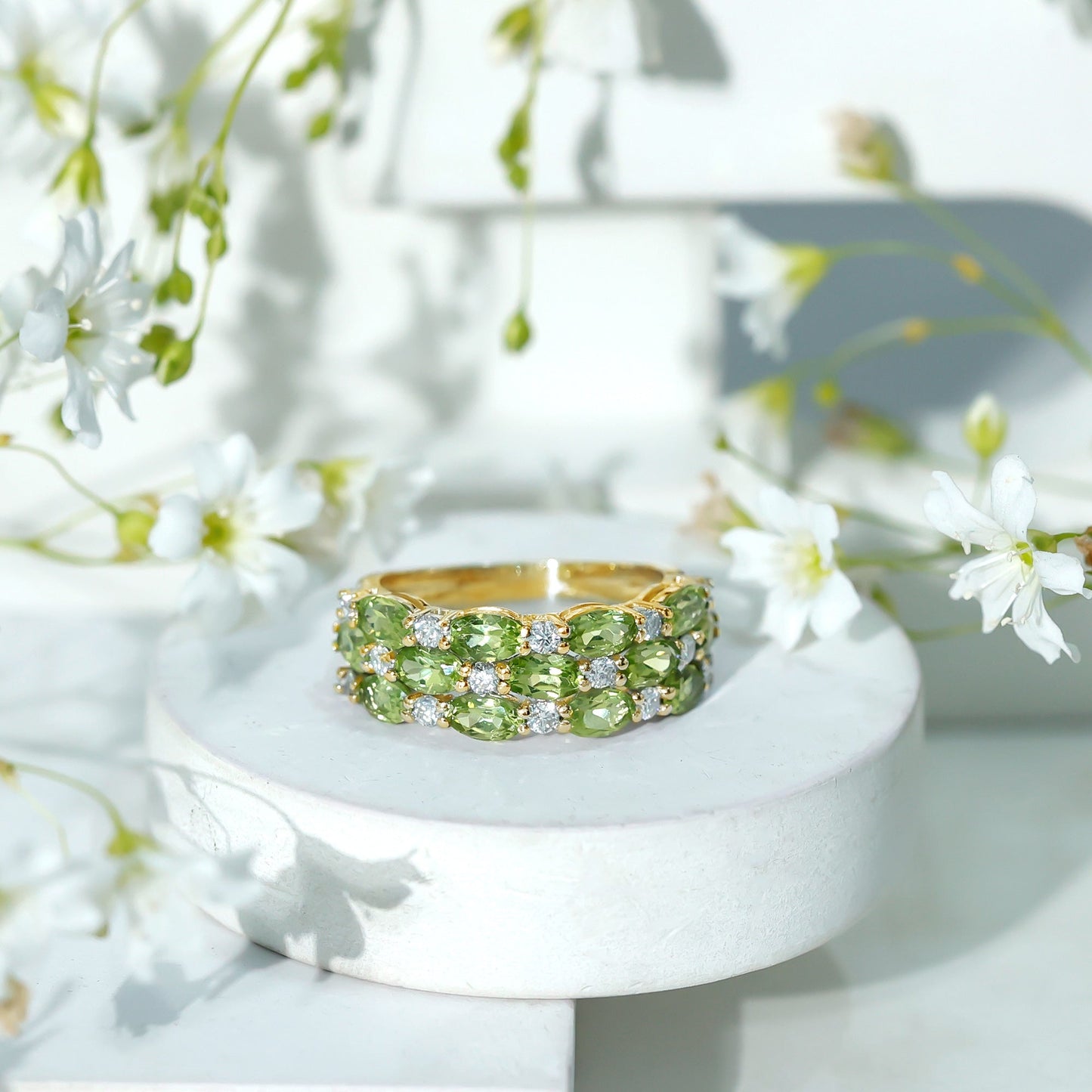 Certified Natural Peridot 3 Row Wedding Band with Diamond