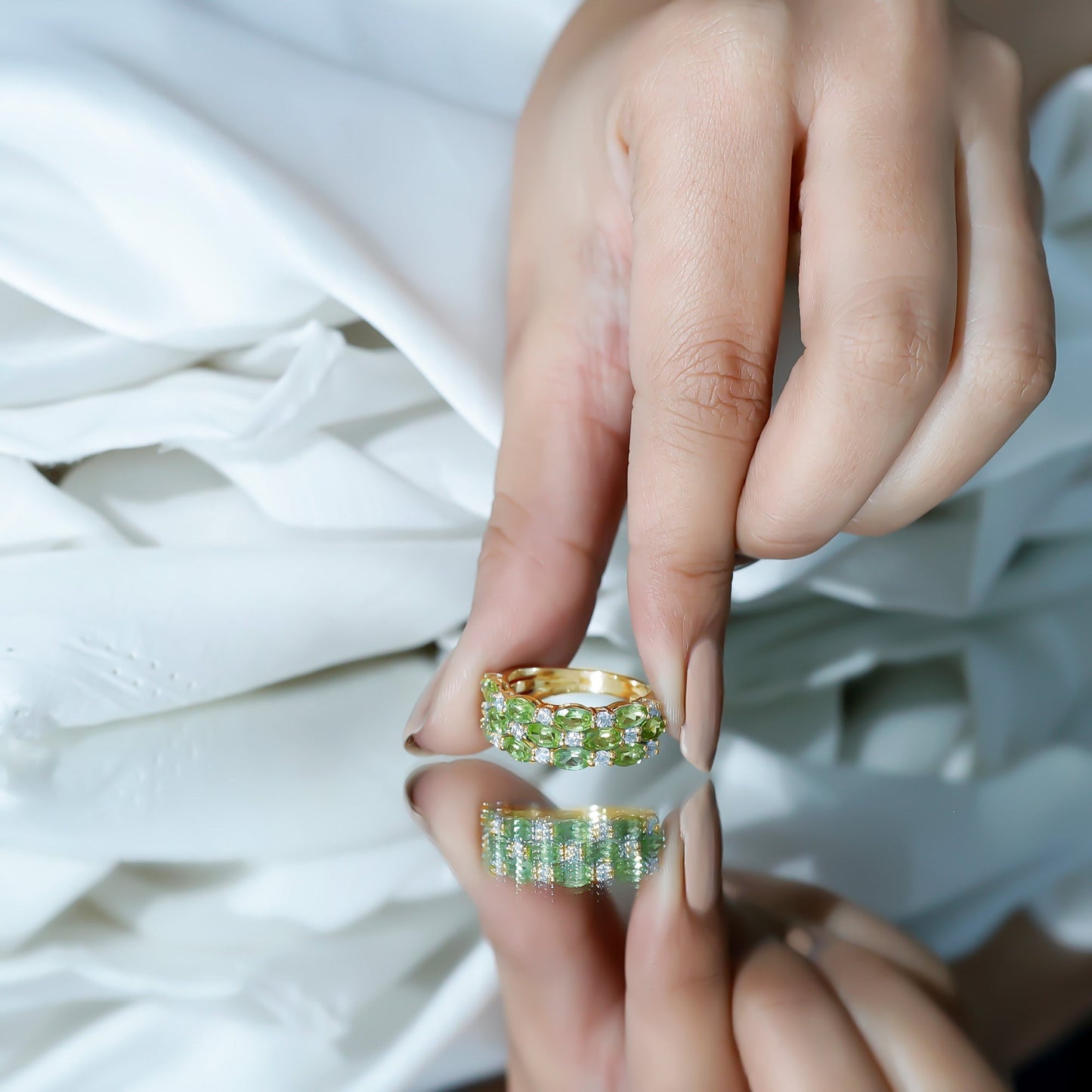 Certified Natural Peridot 3 Row Wedding Band with Diamond