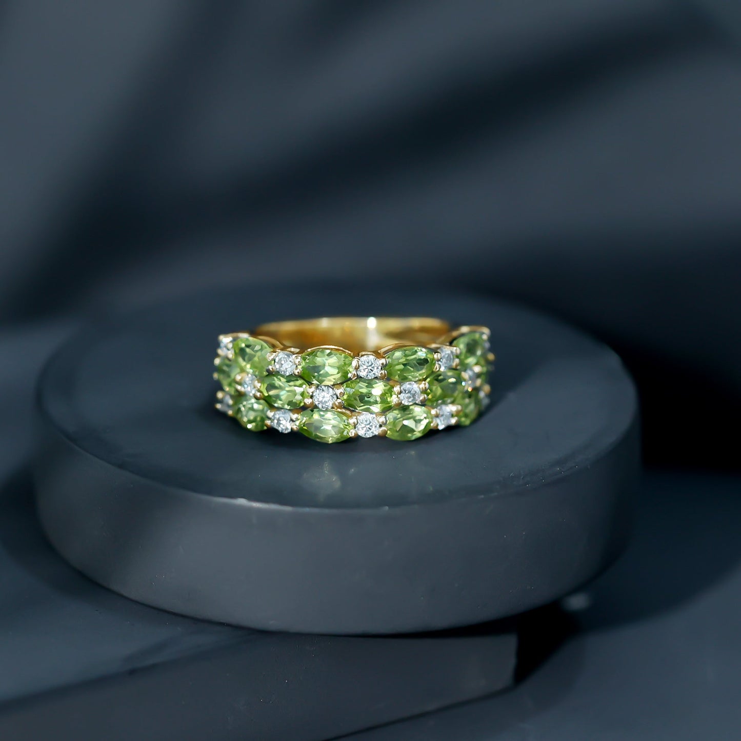 Certified Natural Peridot 3 Row Wedding Band with Diamond