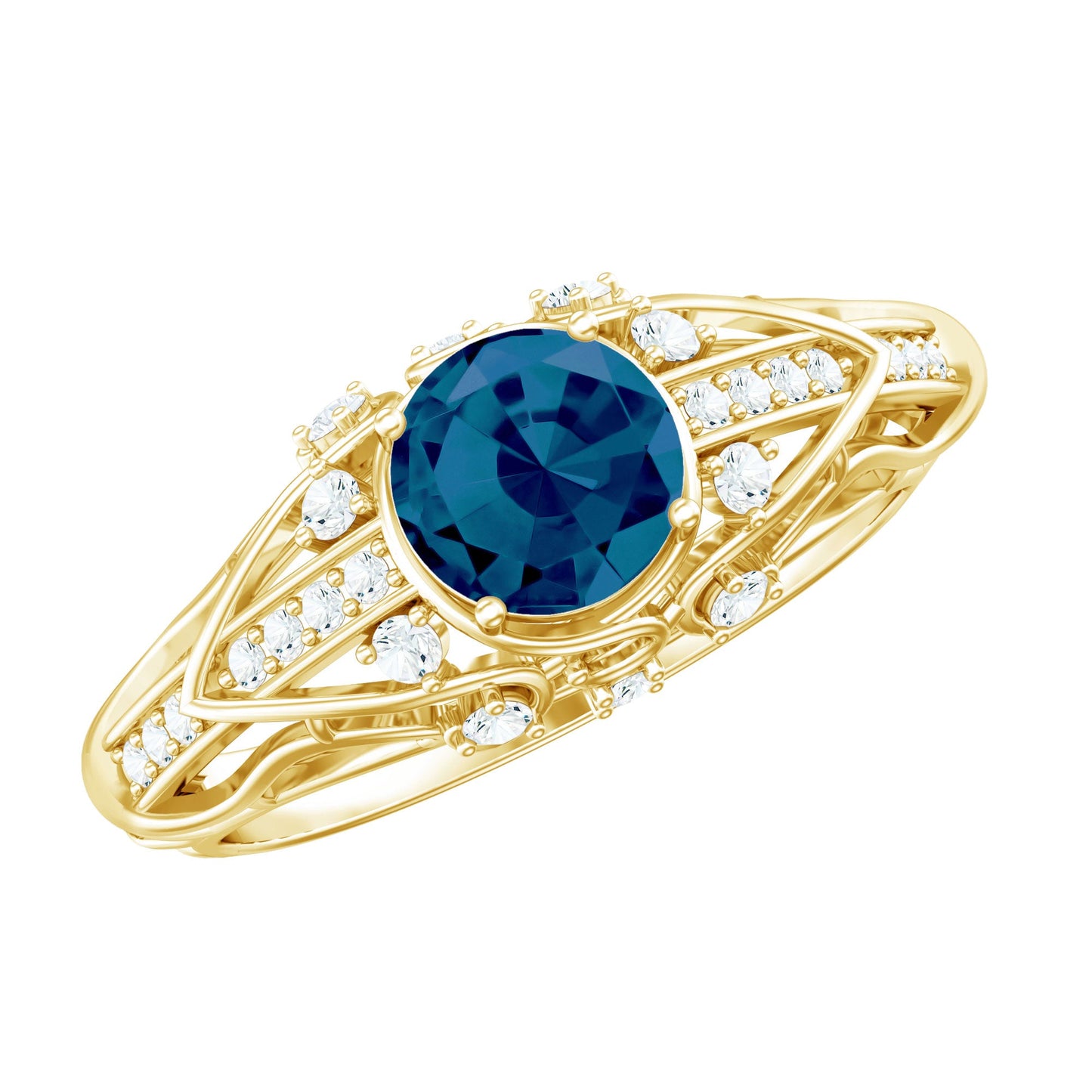 1.3 Carat Round London Blue Topaz Vintage Looking Engagement Ring with Diamond