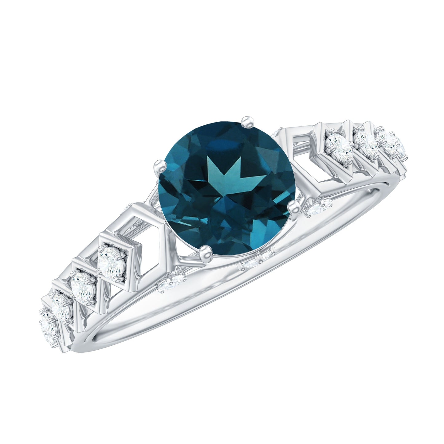 Art Deco Style Blue Topaz Engagement Ring with Moissanites