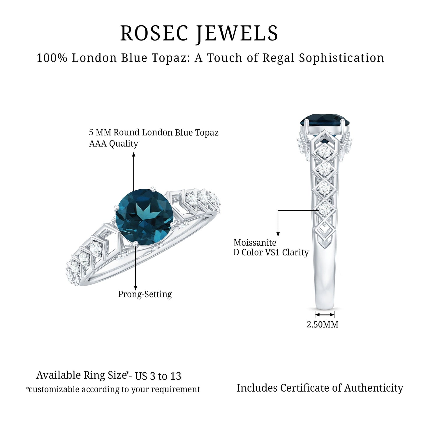 Art Deco Style Blue Topaz Engagement Ring with Moissanites
