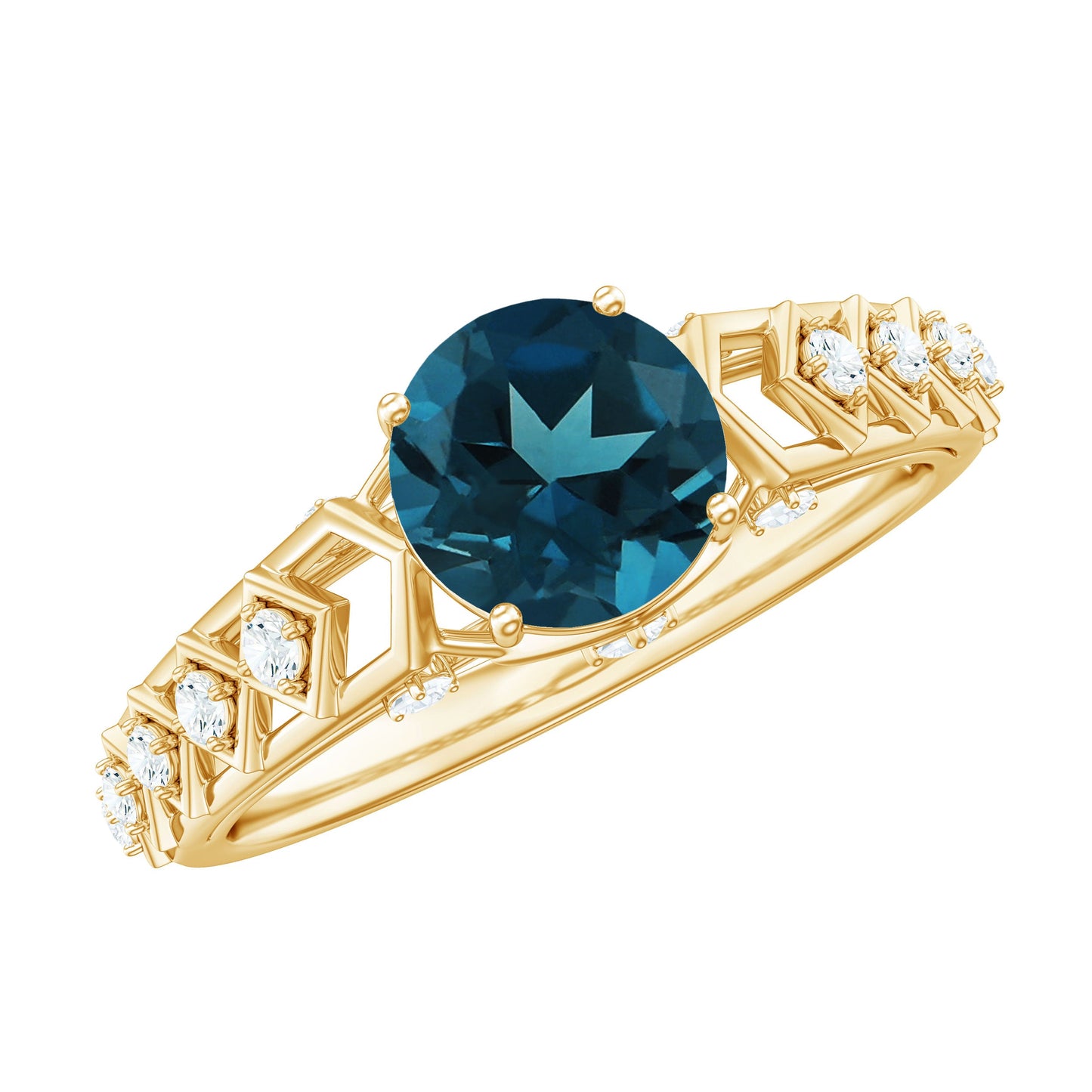 Art Deco Style Blue Topaz Engagement Ring with Moissanites