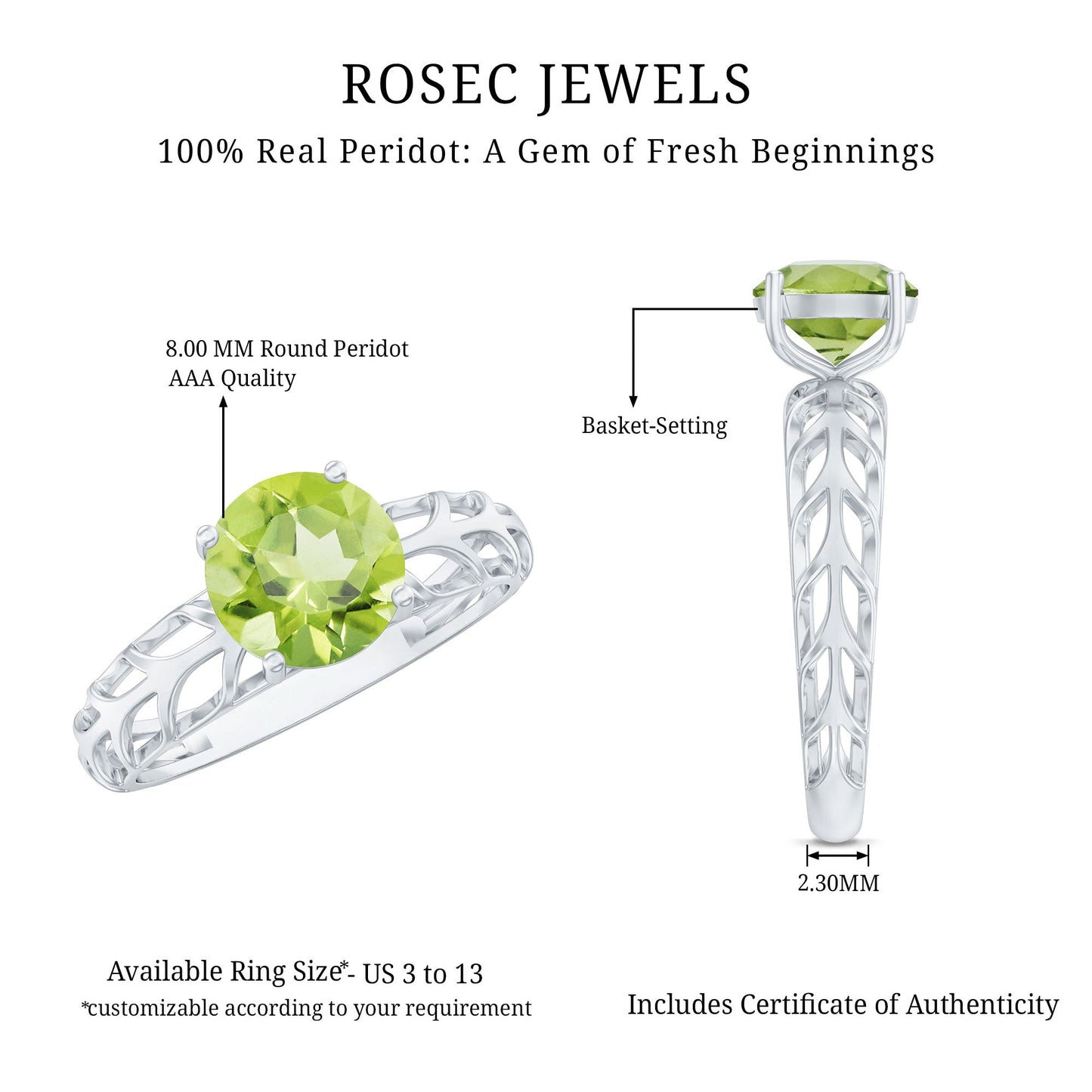 Natural 2 Carat Round Shape Peridot Solitaire Engagement Ring