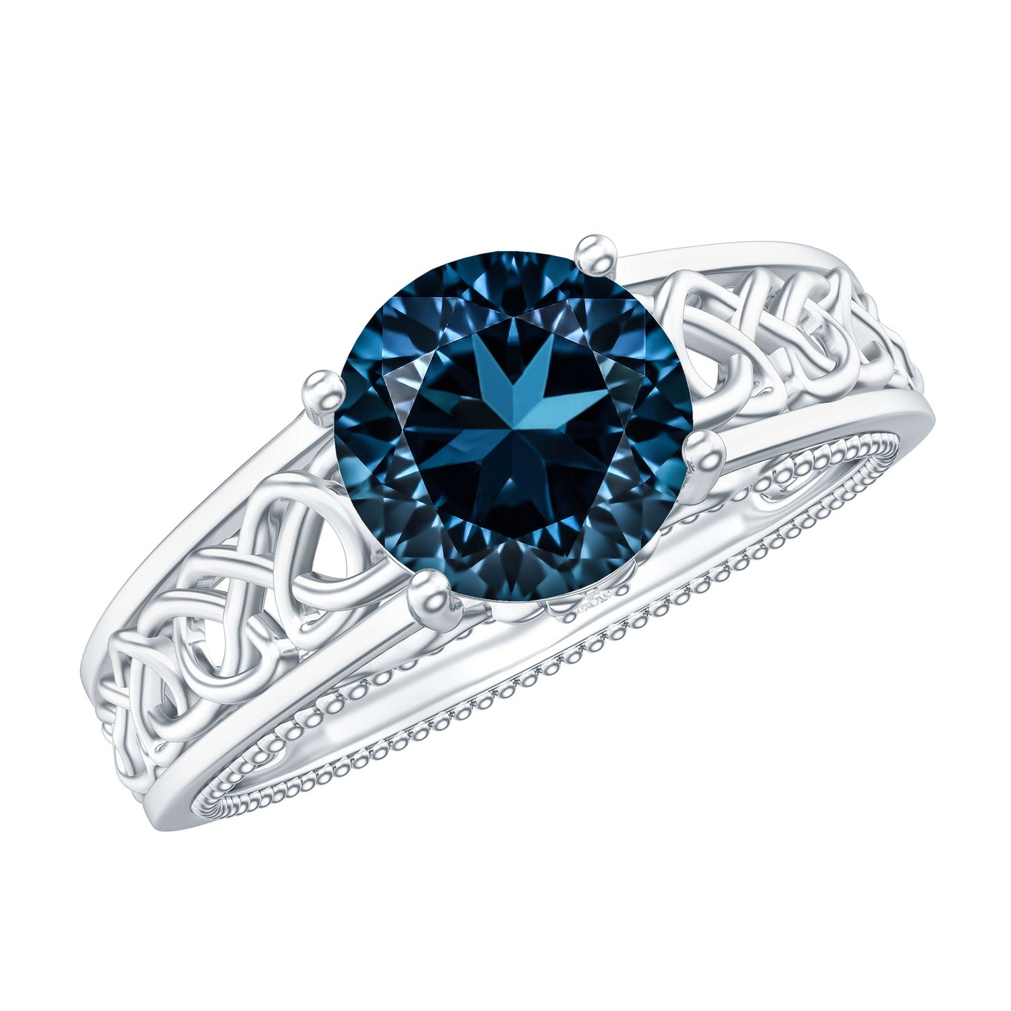 1.35 Carat Round London Blue Topaz Vintage Engagement Ring with Celtic Style Band