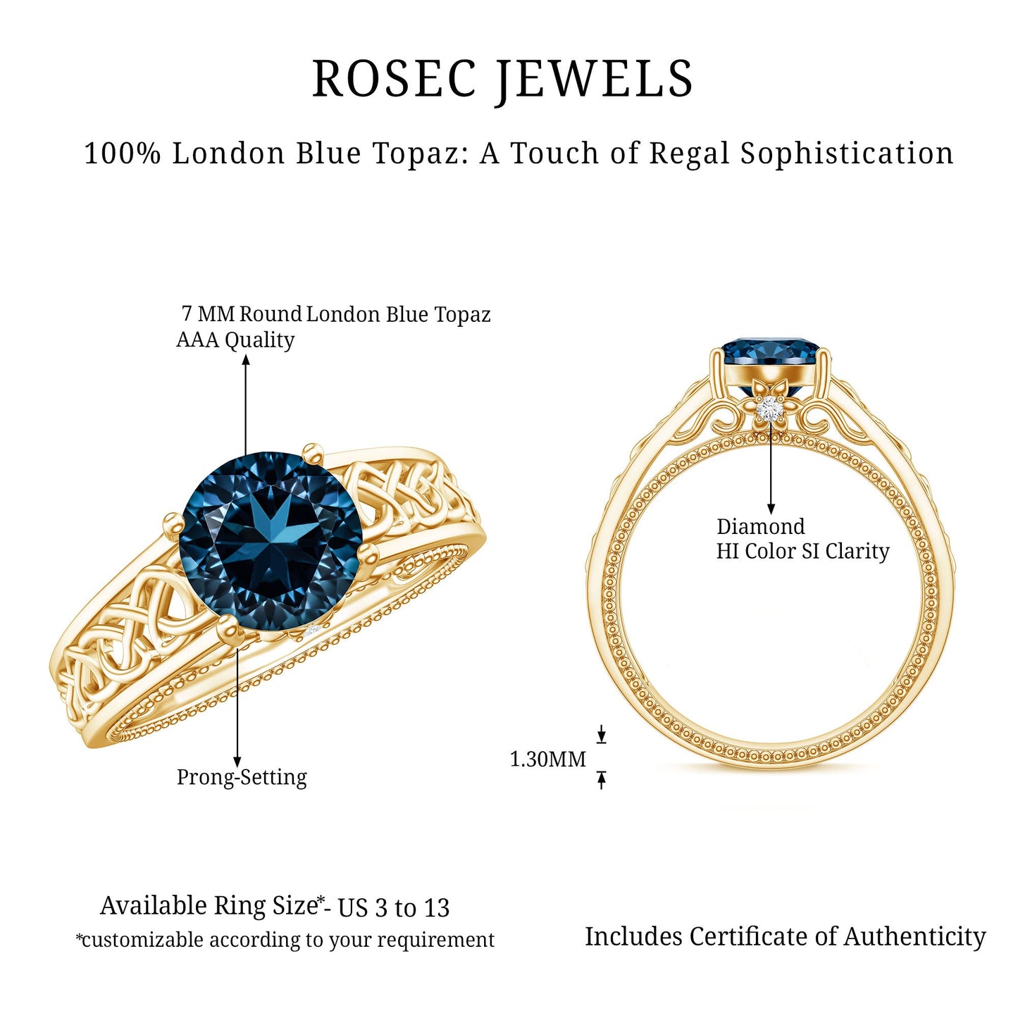 1.35 Carat Round London Blue Topaz Vintage Engagement Ring with Celtic Style Band