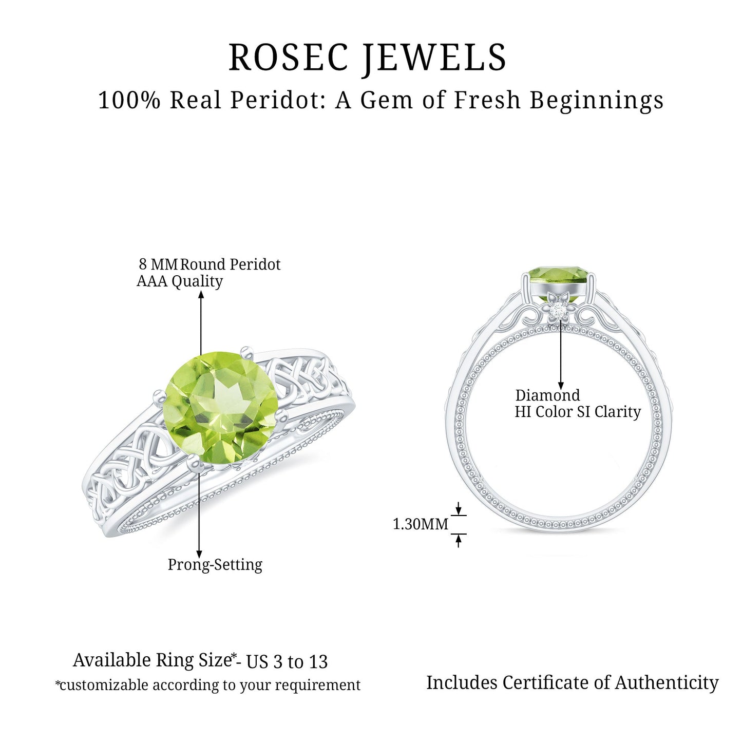 Real 2 Carat Peridot Celtic Knot Engagement Ring with Surprise Diamond