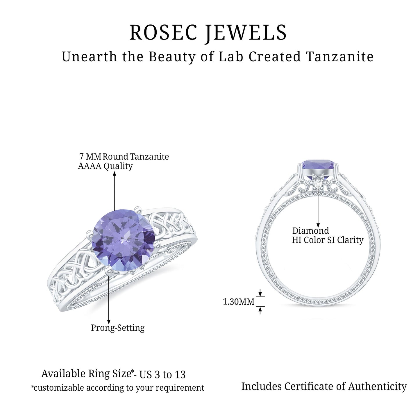 1.6 Carat Lab Created Tanzanite Engagement Ring with Celtic Design