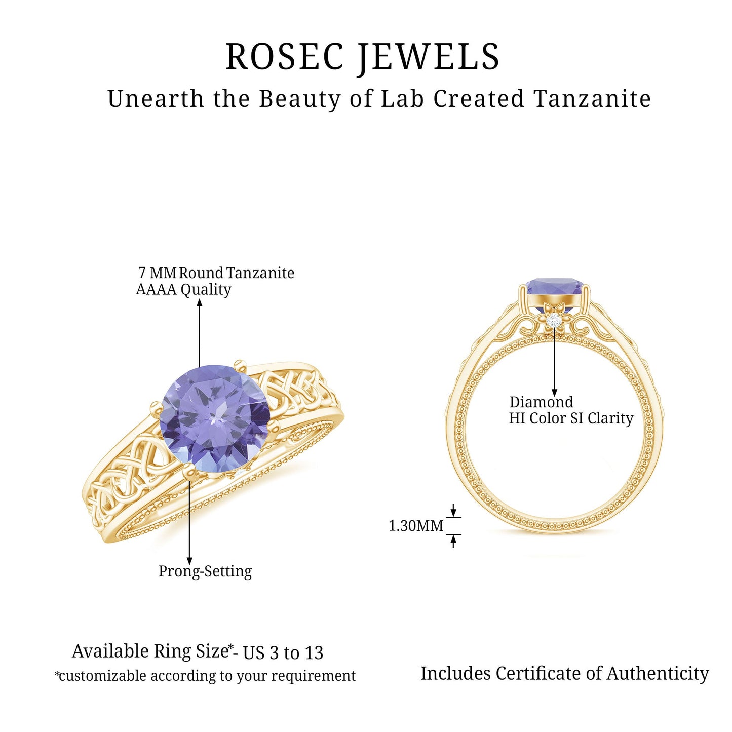 1.6 Carat Lab Created Tanzanite Engagement Ring with Celtic Design