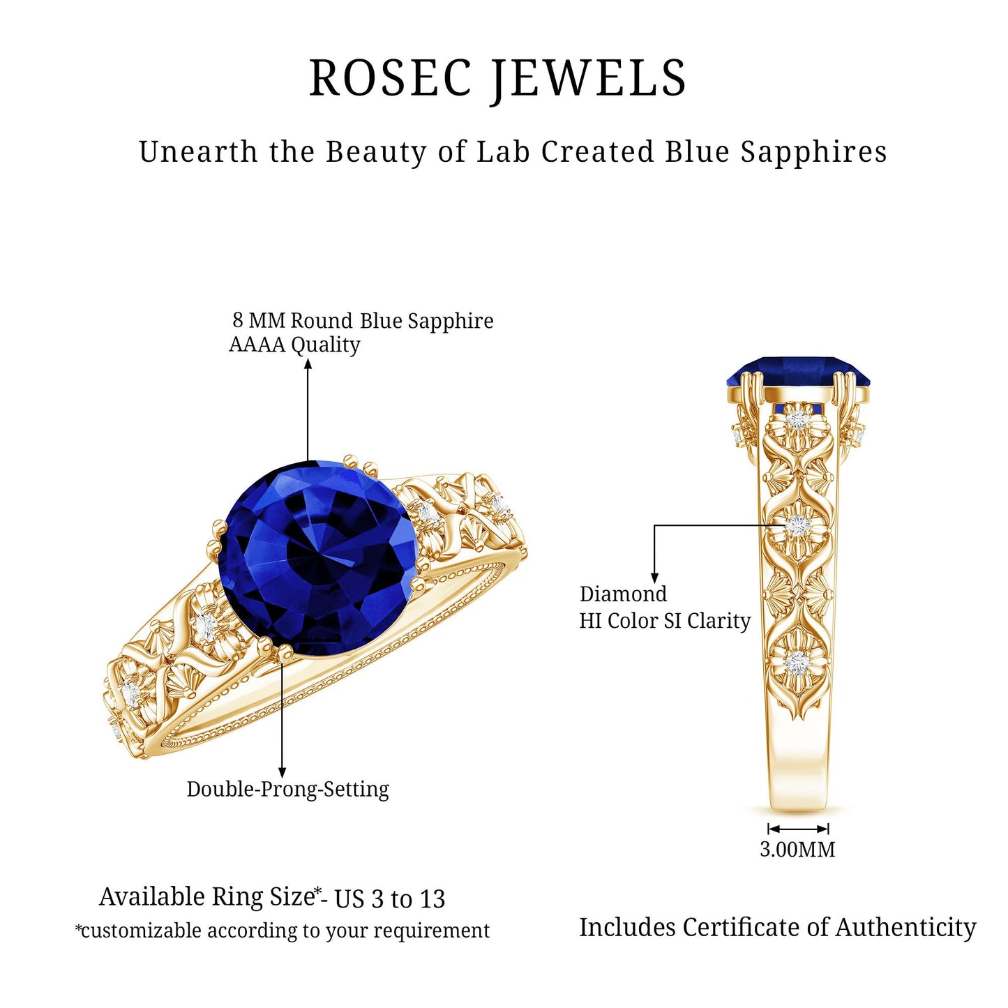 Nature Inspired 2.7 Carat Lab Grown Blue Sapphire Engagement Ring with Diamond