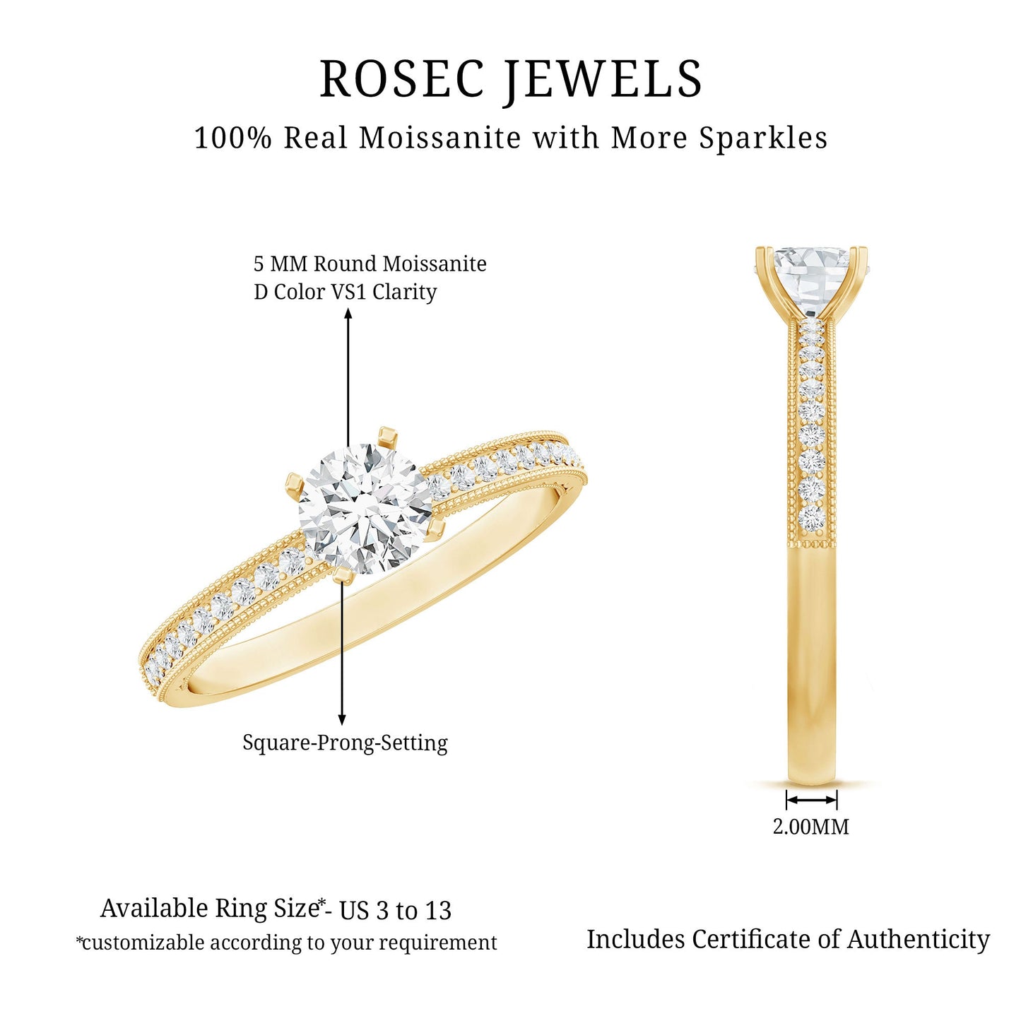 0.5 Carat  Moissanite Solitaire Engagement Ring with Milgrain