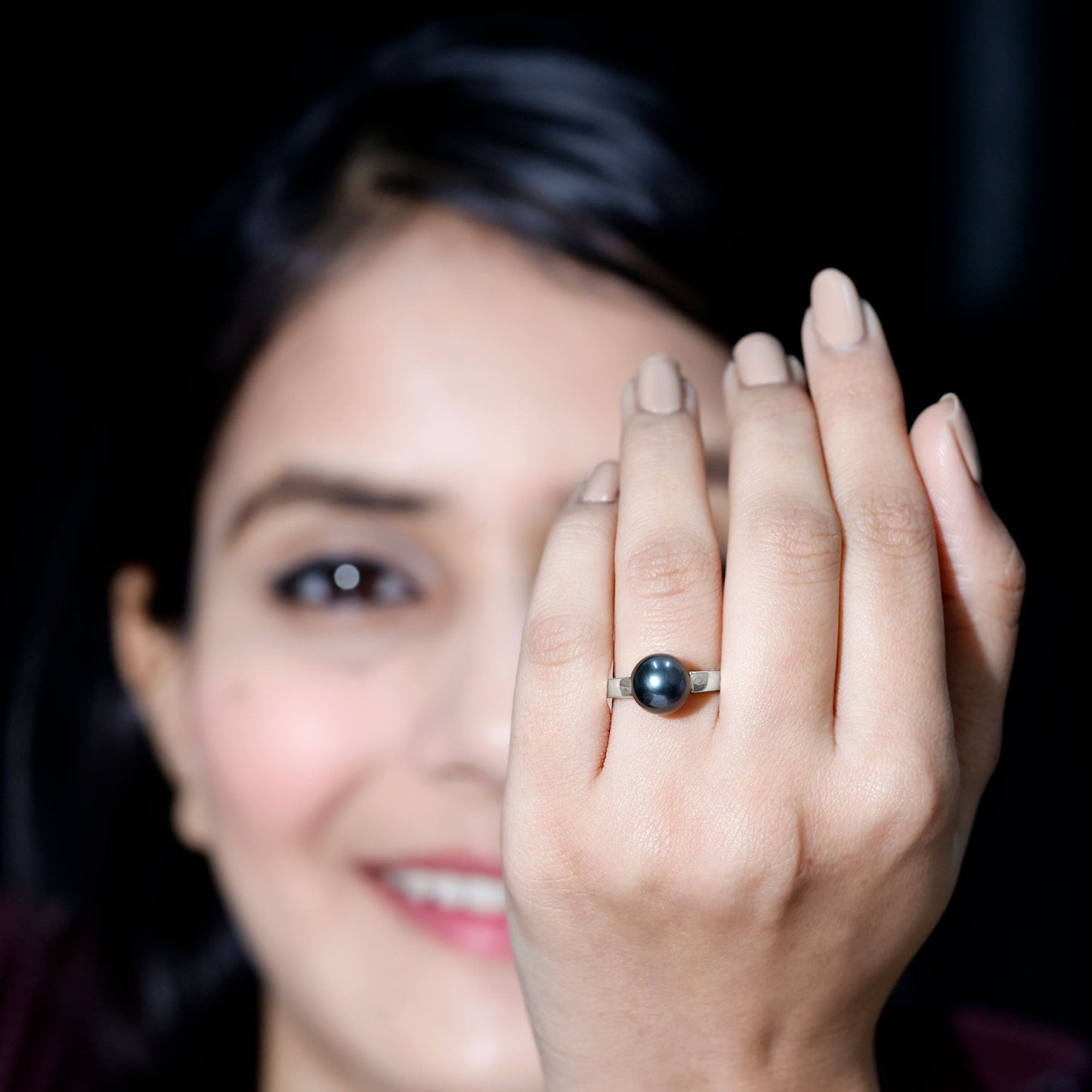 Handpicked Natural Black Pearl Solitaire Engagement Ring With Certificate