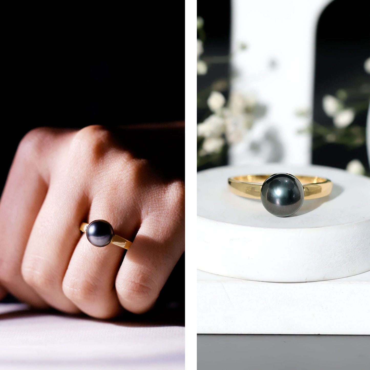 Handpicked Natural Black Pearl Solitaire Engagement Ring With Certificate
