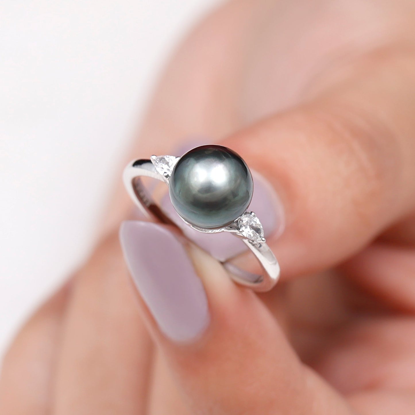 Round Tahitian Pearl Solitaire Engagement Ring with Moissanite
