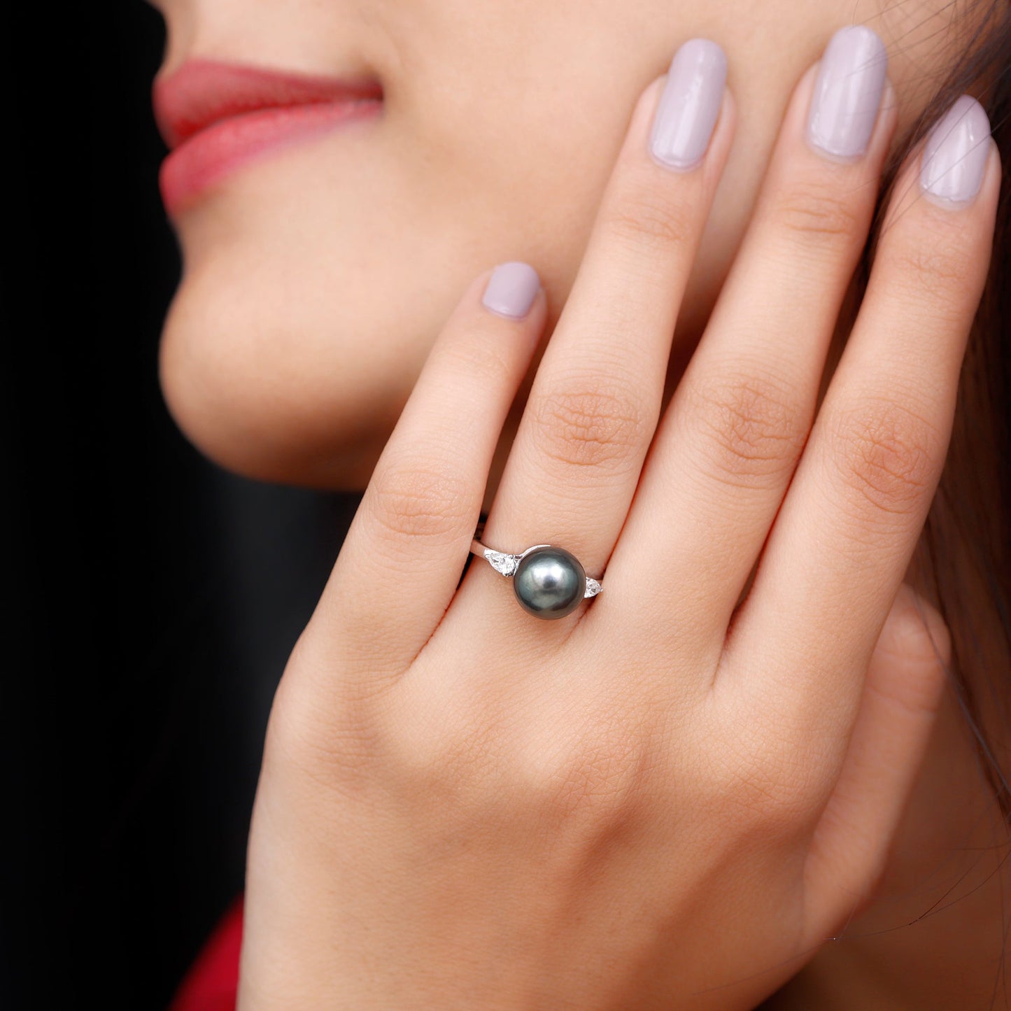 Round Tahitian Pearl Solitaire Engagement Ring with Moissanite