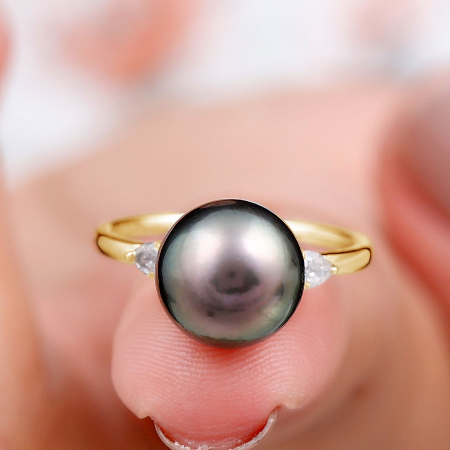 Round Tahitian Pearl Solitaire Engagement Ring with Moissanite