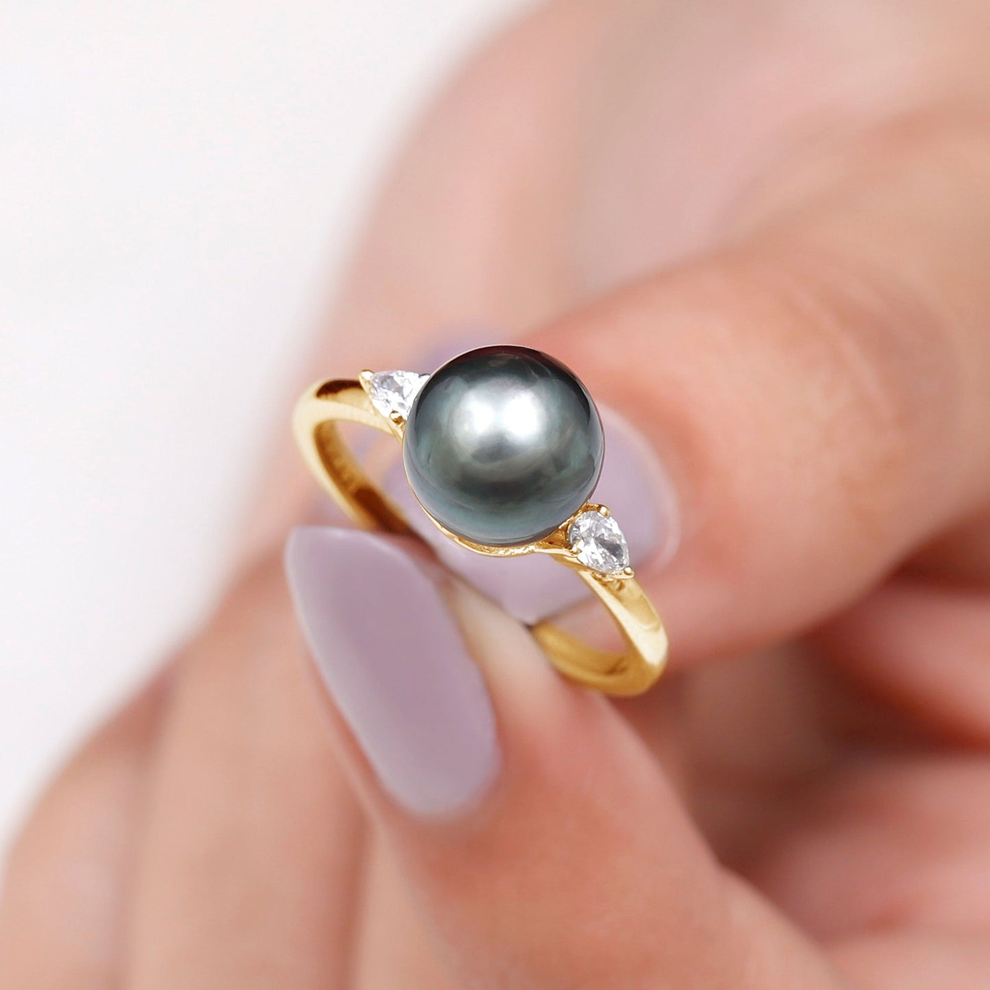 Round Tahitian Pearl Solitaire Engagement Ring with Moissanite