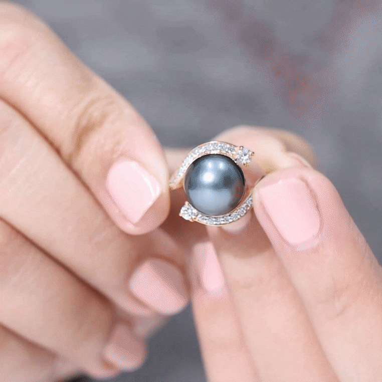 Tahitian Black Pearl Art Deco Engagement Ring with Diamond