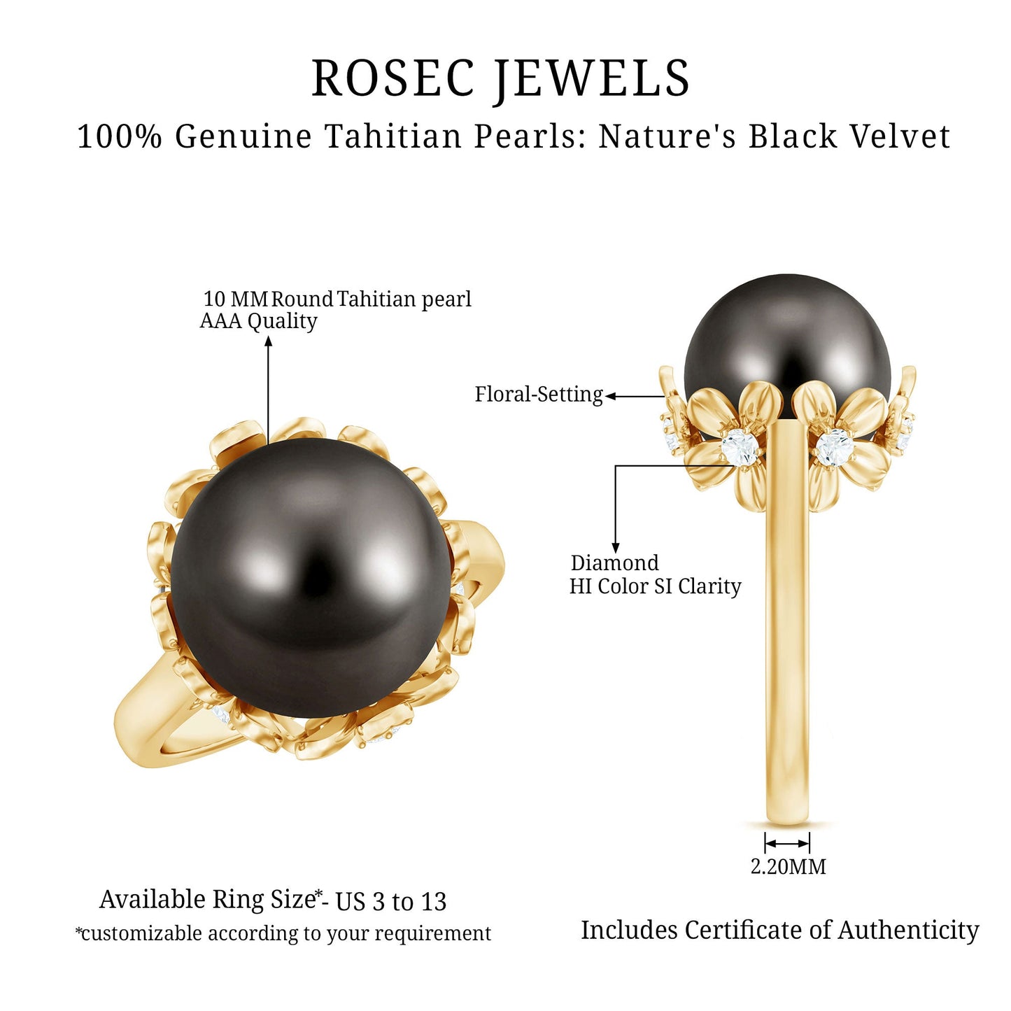 8 Carat Solitaire Tahitian Black Pearl Engagement Ring with Floral Setting