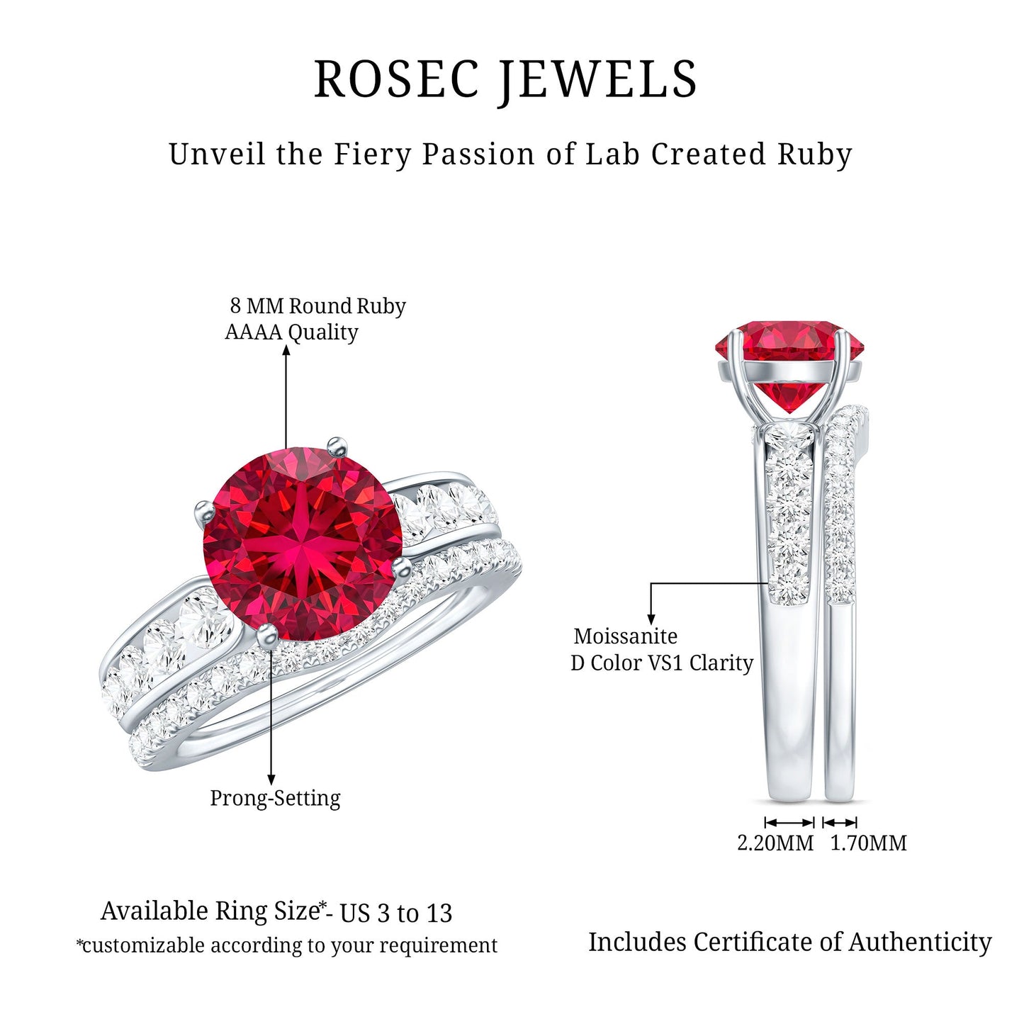 Certified Lab Grown Ruby and Moissanite Wedding Ring Set For Her