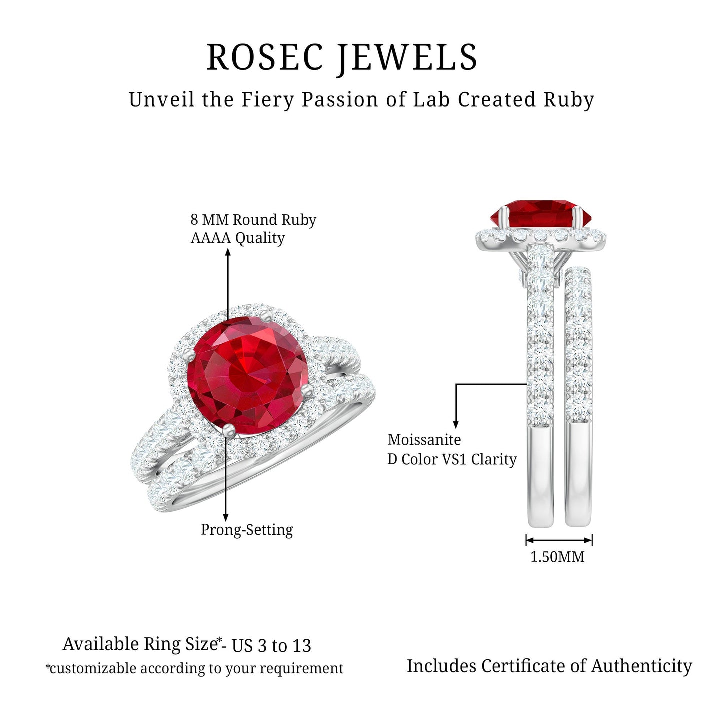 Lab Created Ruby Halo Engagement Ring with Moissanite Enhancer Ring