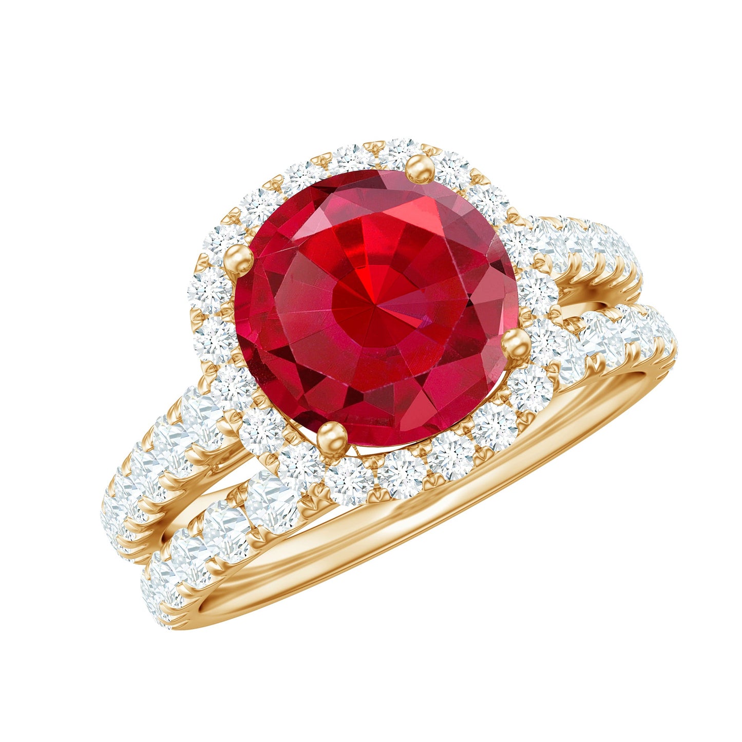 Lab Created Ruby Halo Engagement Ring with Moissanite Enhancer Ring