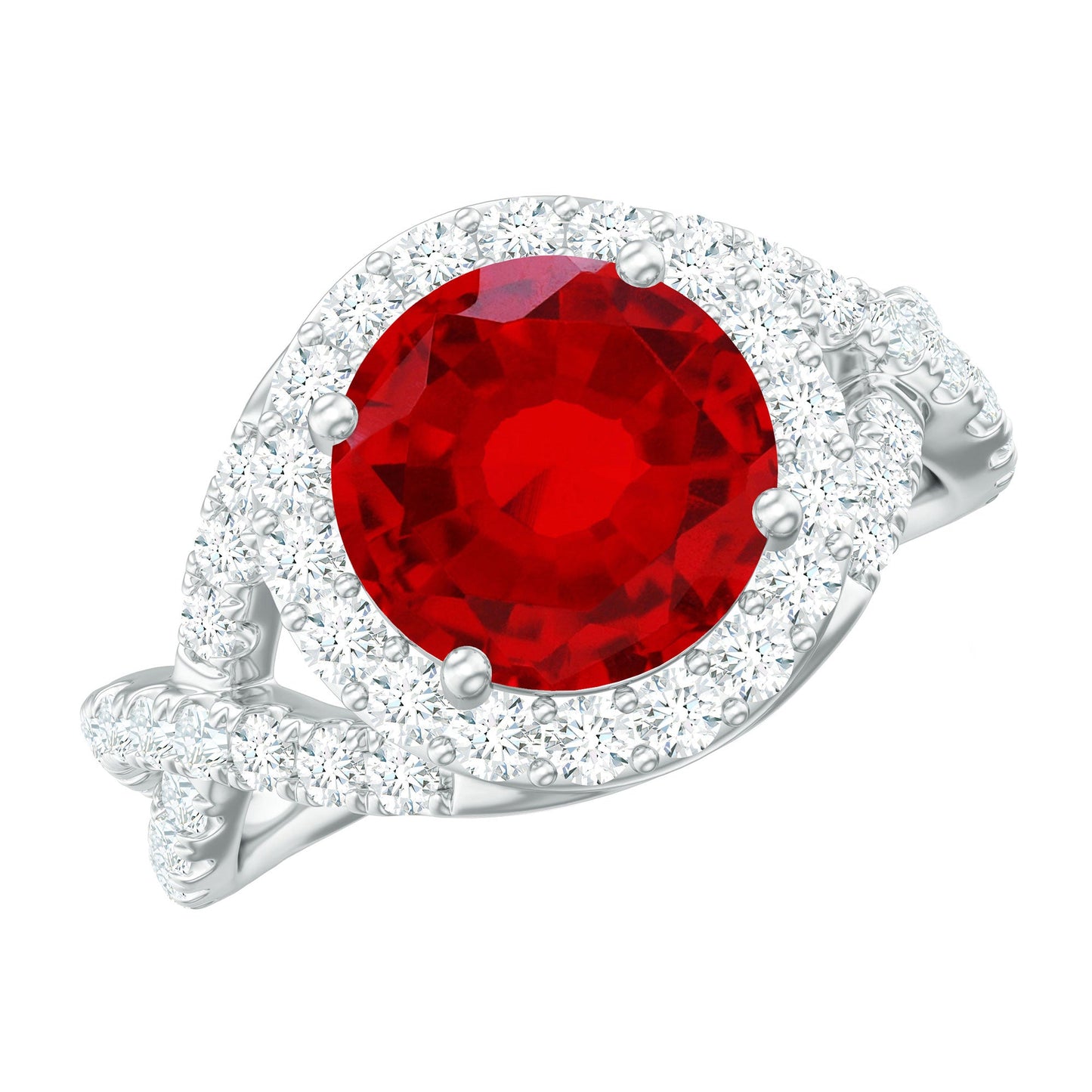 Lab Created Ruby Criss Cross Engagement Ring with Moissanite Halo